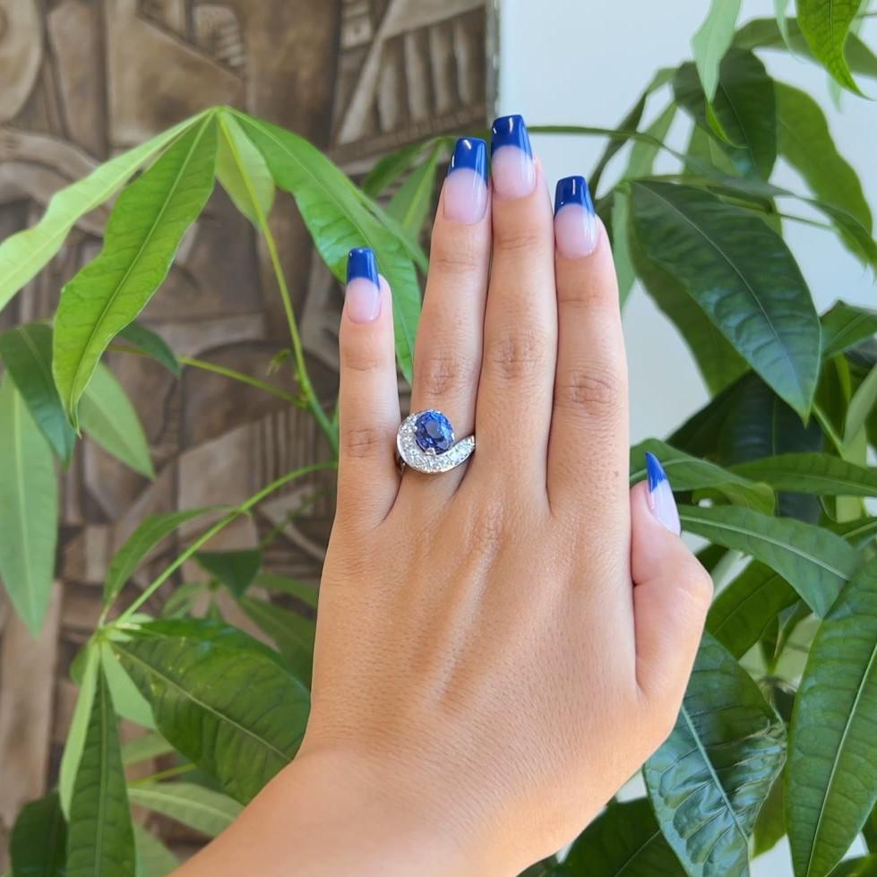 Oval Cut Mid Century GIA No Heat Ceylon Sapphire Diamond Platinum Swirl Ring