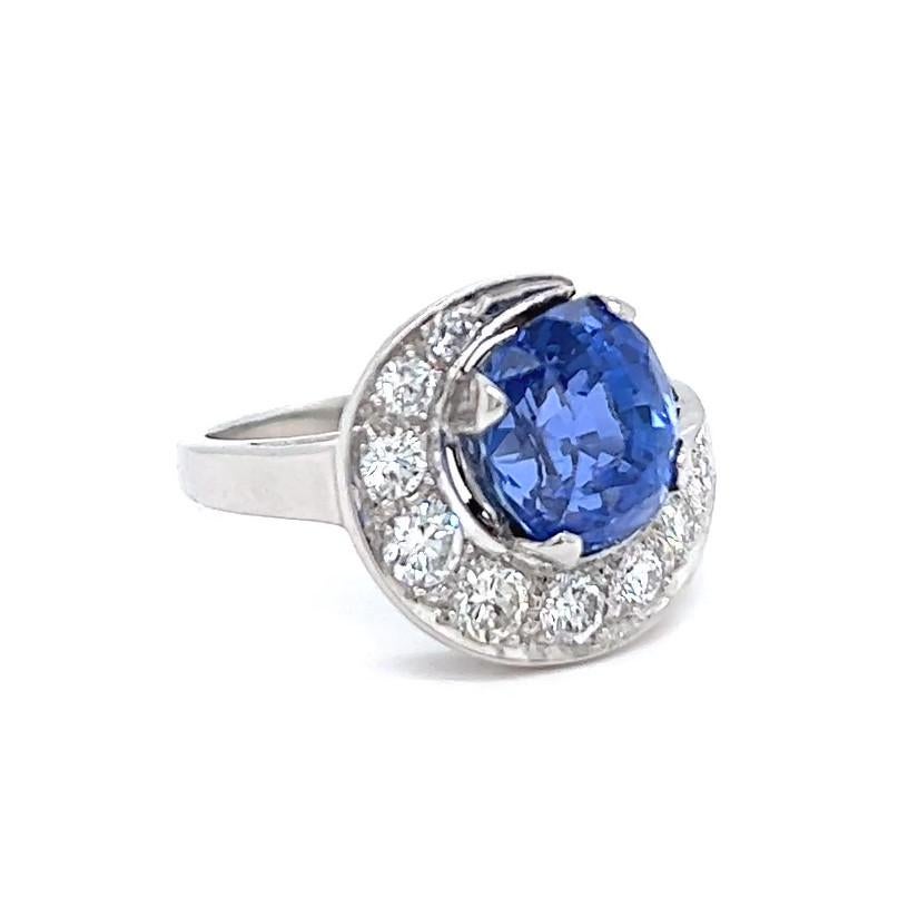 Women's or Men's Mid Century GIA No Heat Ceylon Sapphire Diamond Platinum Swirl Ring