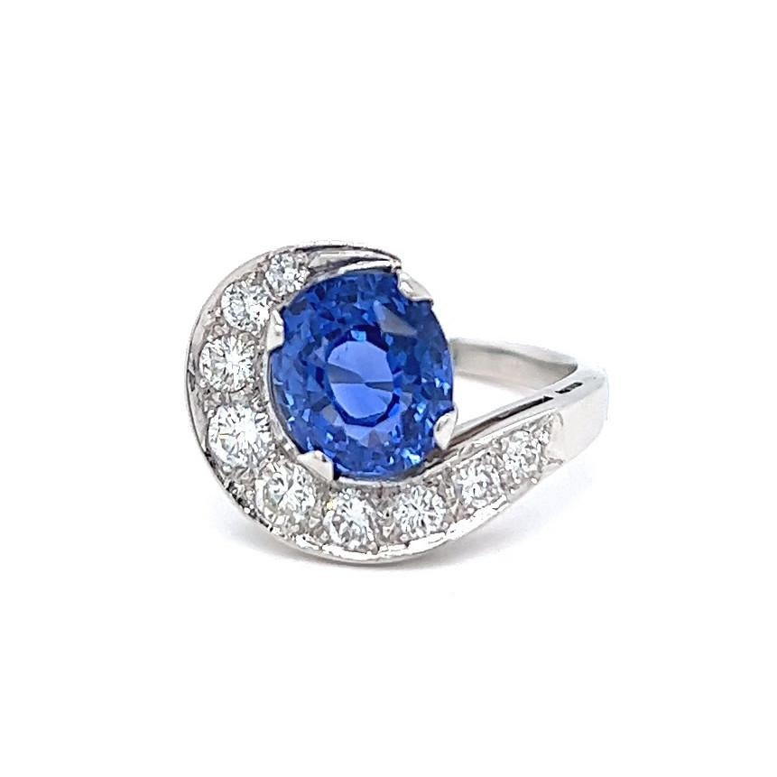 Mid Century GIA No Heat Ceylon Sapphire Diamond Platinum Swirl Ring 1