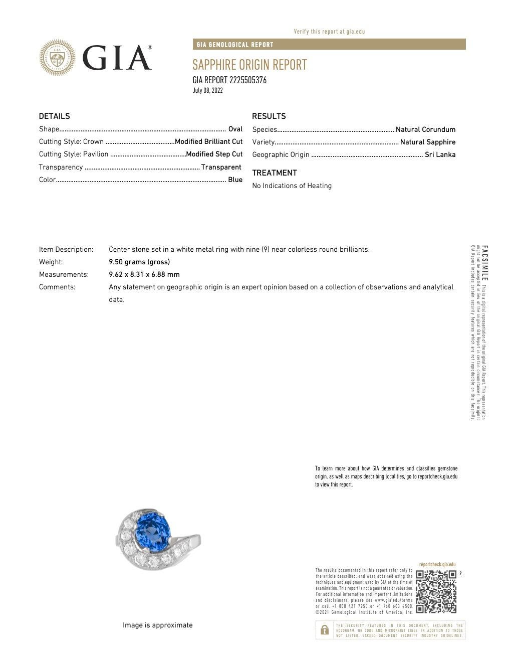 Mid Century GIA No Heat Ceylon Sapphire Diamond Platinum Swirl Ring 3