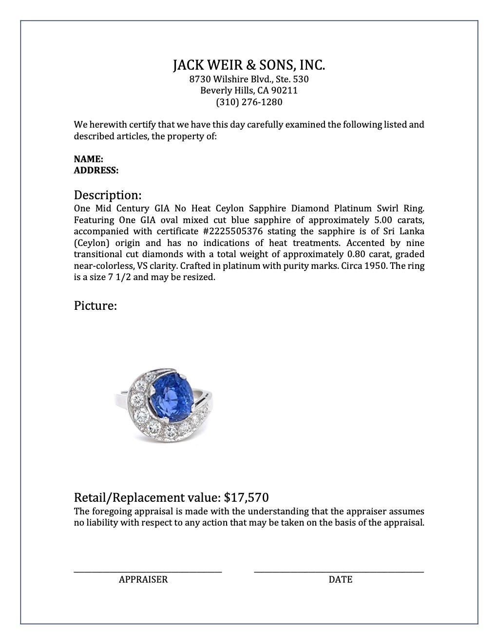 Mid Century GIA No Heat Ceylon Sapphire Diamond Platinum Swirl Ring 4