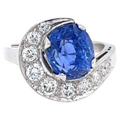 Mid Century GIA No Heat Ceylon Sapphire Diamond Platinum Swirl Ring