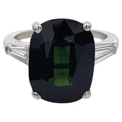 Midcentury GIA No Heat Green Sapphire Diamond Platinum Ring
