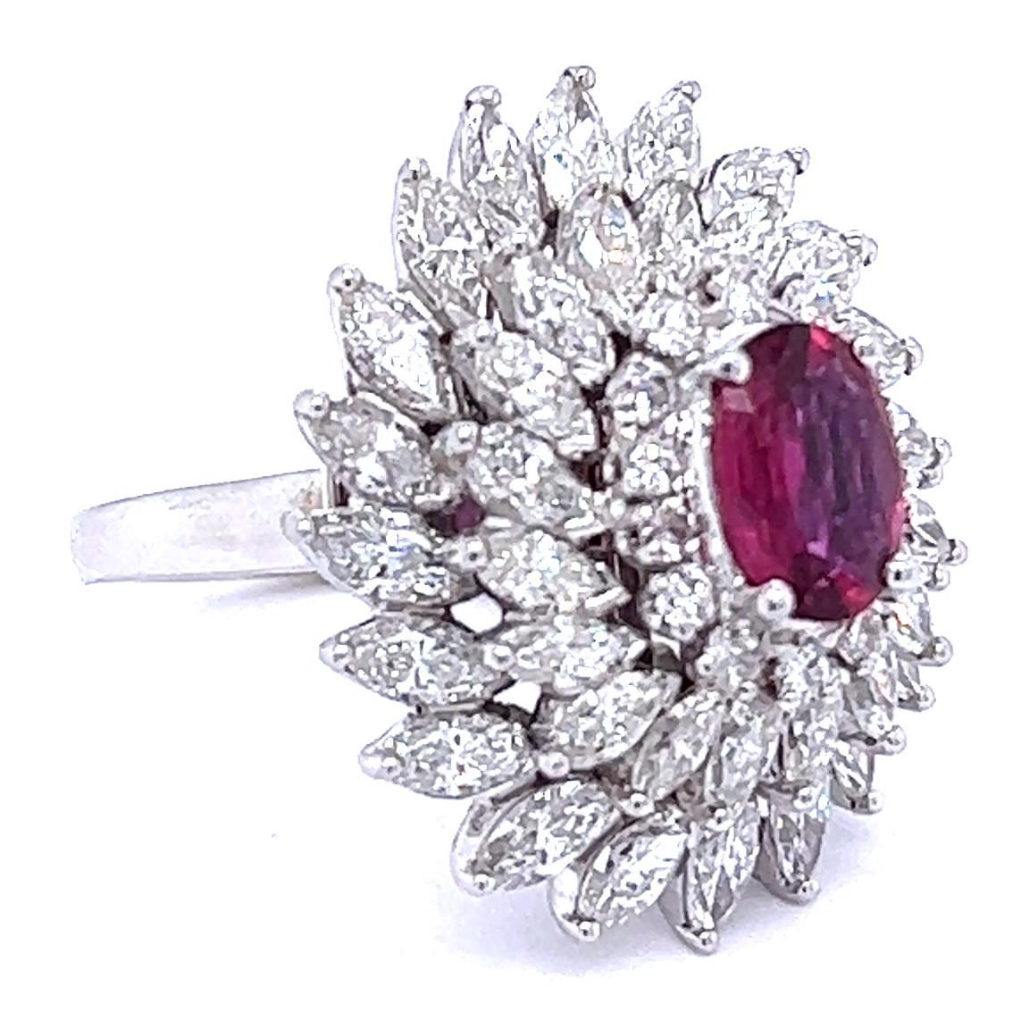 Mid-Century GIA 1.10 Carat No Heat Ruby Diamond Platinum Cocktail Ring In Excellent Condition In Beverly Hills, CA