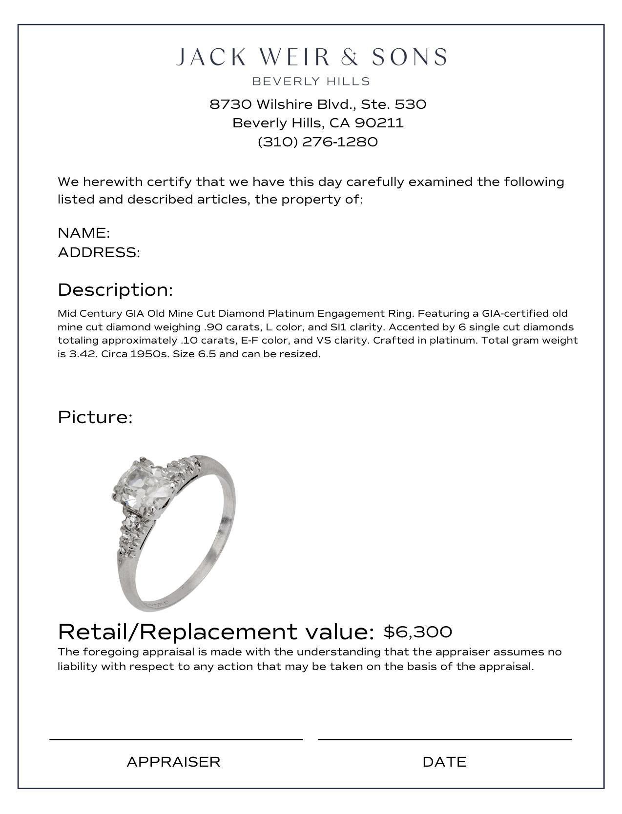 Women's Mid Century GIA old mine cut diamond platinum engagement ring For Sale