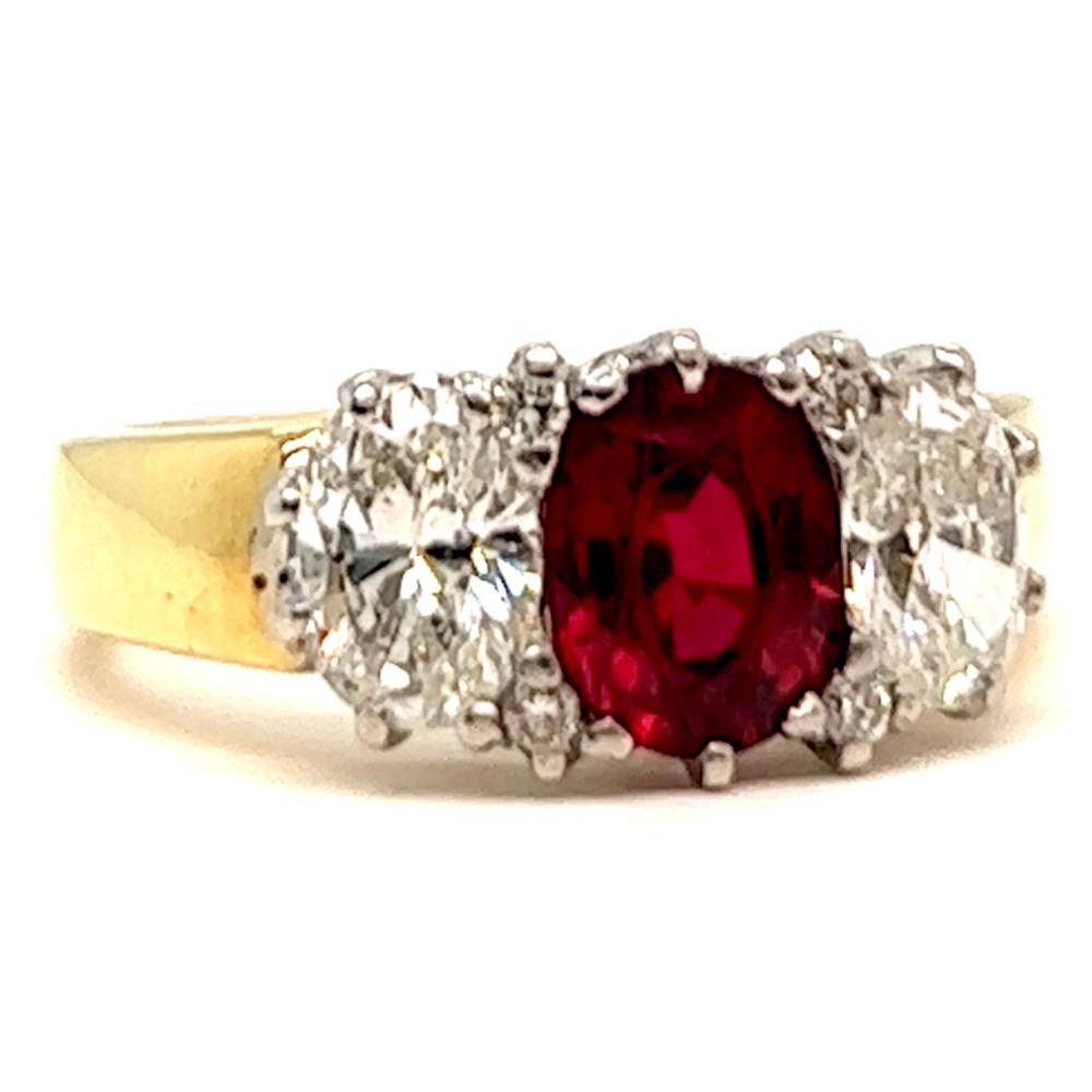 Women's or Men's Mid Century GIA Ruby Diamond 18 Karat Gold Platinum Three Stone Ring