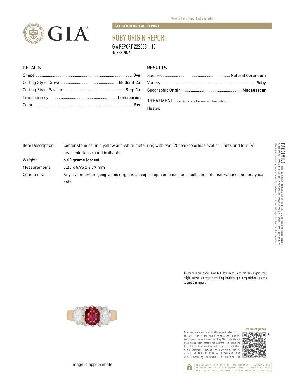 Mid Century GIA Ruby Diamond 18 Karat Gold Platinum Three Stone Ring 2