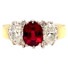 Mid Century GIA Ruby Diamond 18 Karat Gold Platinum Three Stone Ring