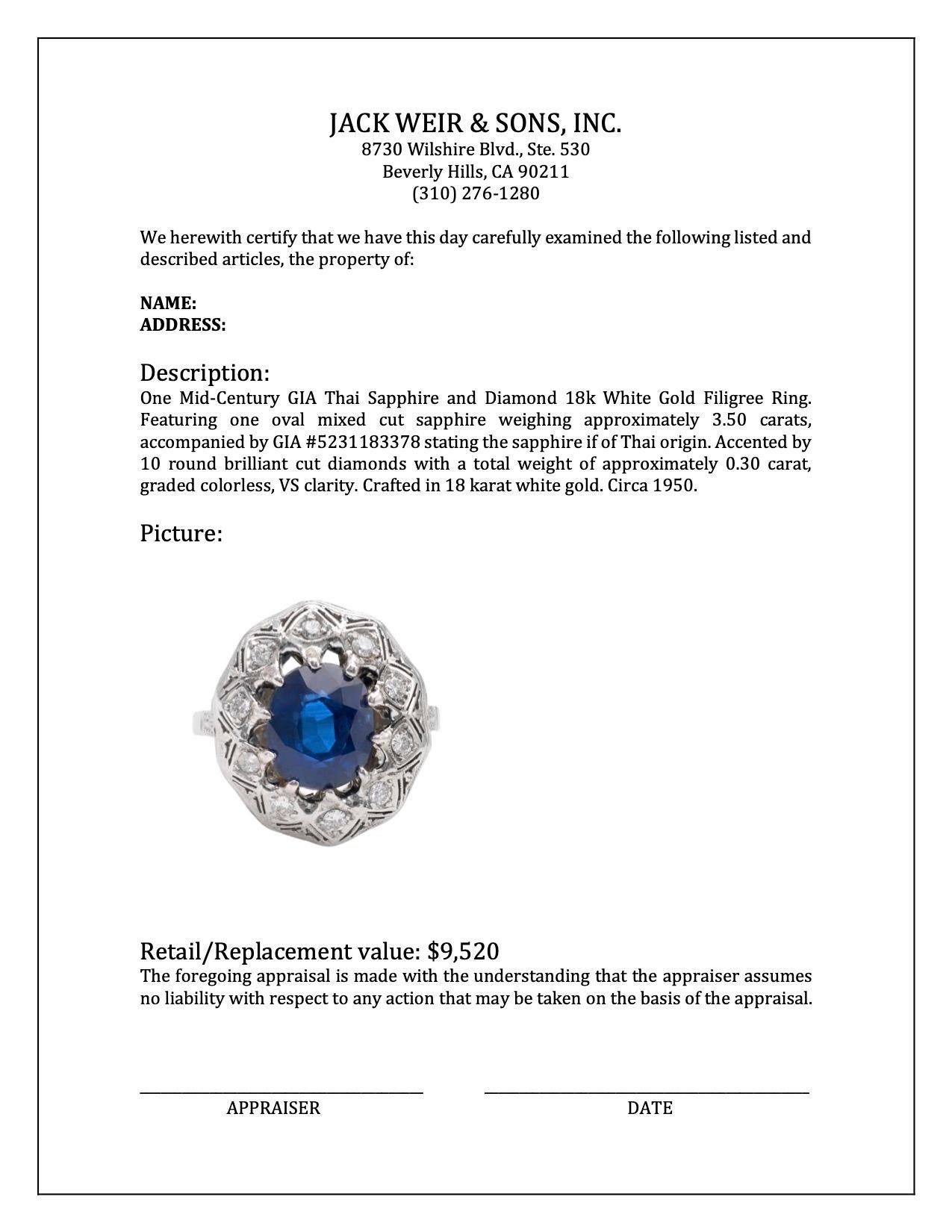 Mid-Century GIA Thai Sapphire and Diamond 18k White Gold Filigree Ring For Sale 2