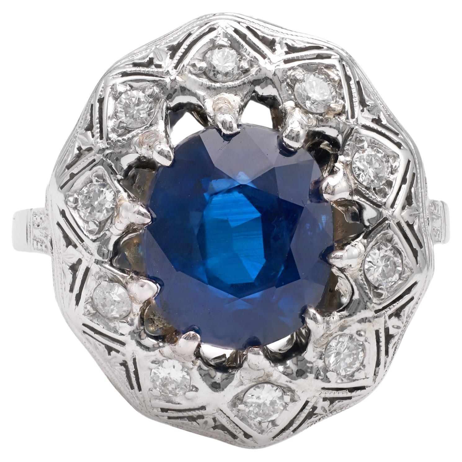 Mid-Century GIA Thai Sapphire and Diamond 18k White Gold Filigree Ring For Sale