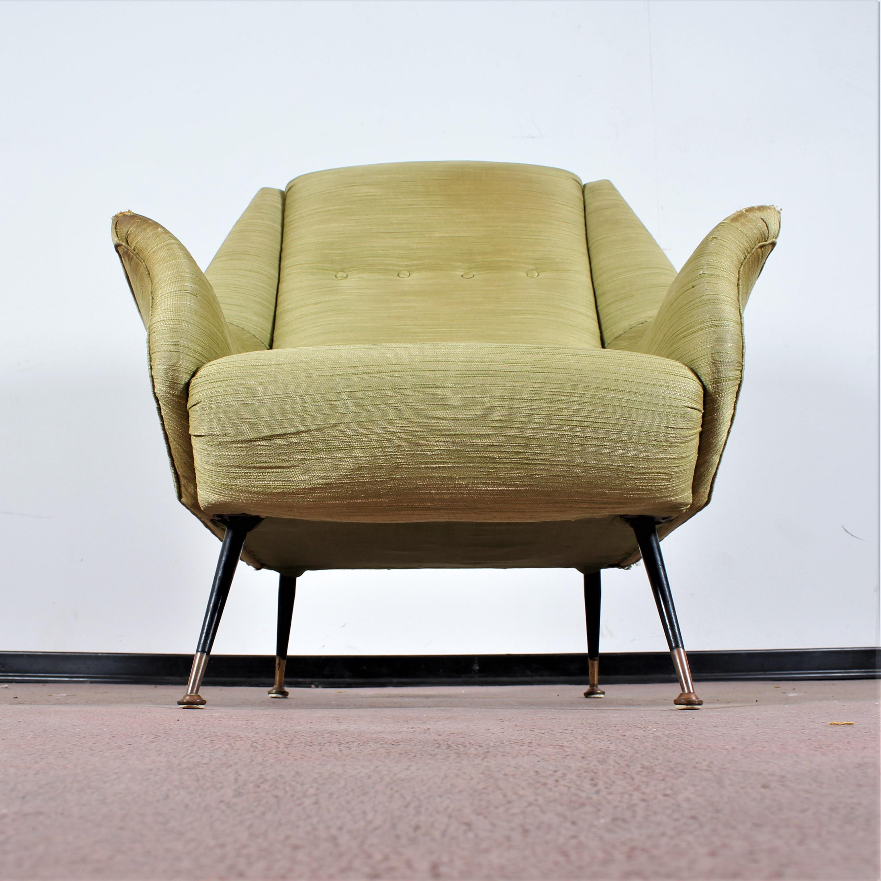 Midcentury Gigi Radice for Minotti Wood, Brass and Fabric Armchairs, Italy 1950s 10