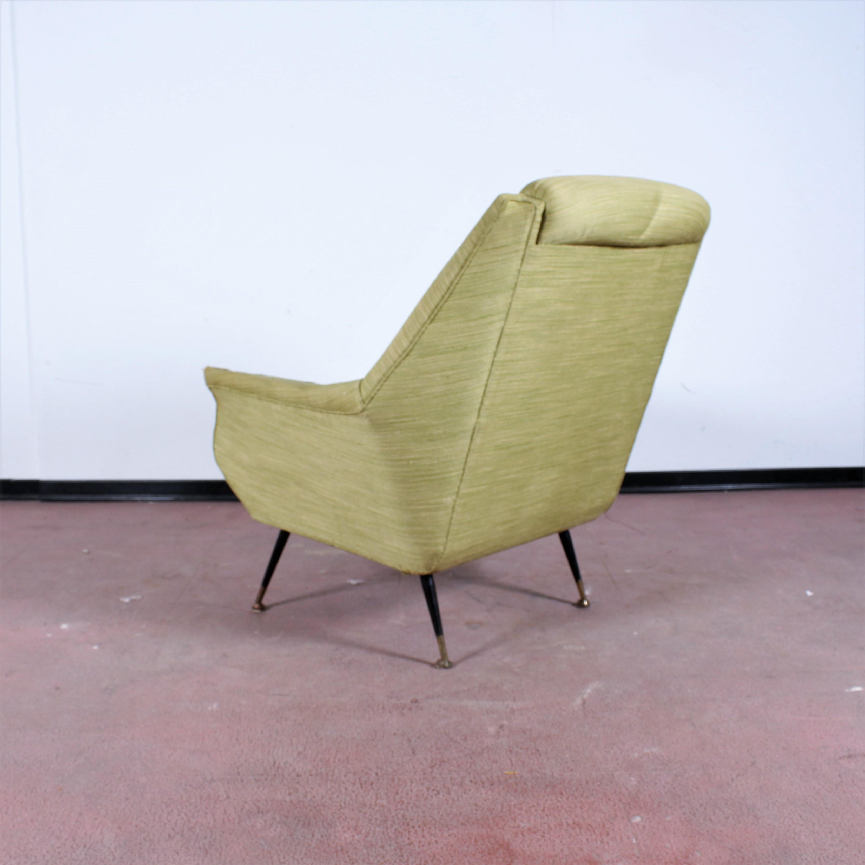 Midcentury Gigi Radice for Minotti Wood, Brass and Fabric Armchairs, Italy 1950s In Good Condition In Palermo, IT