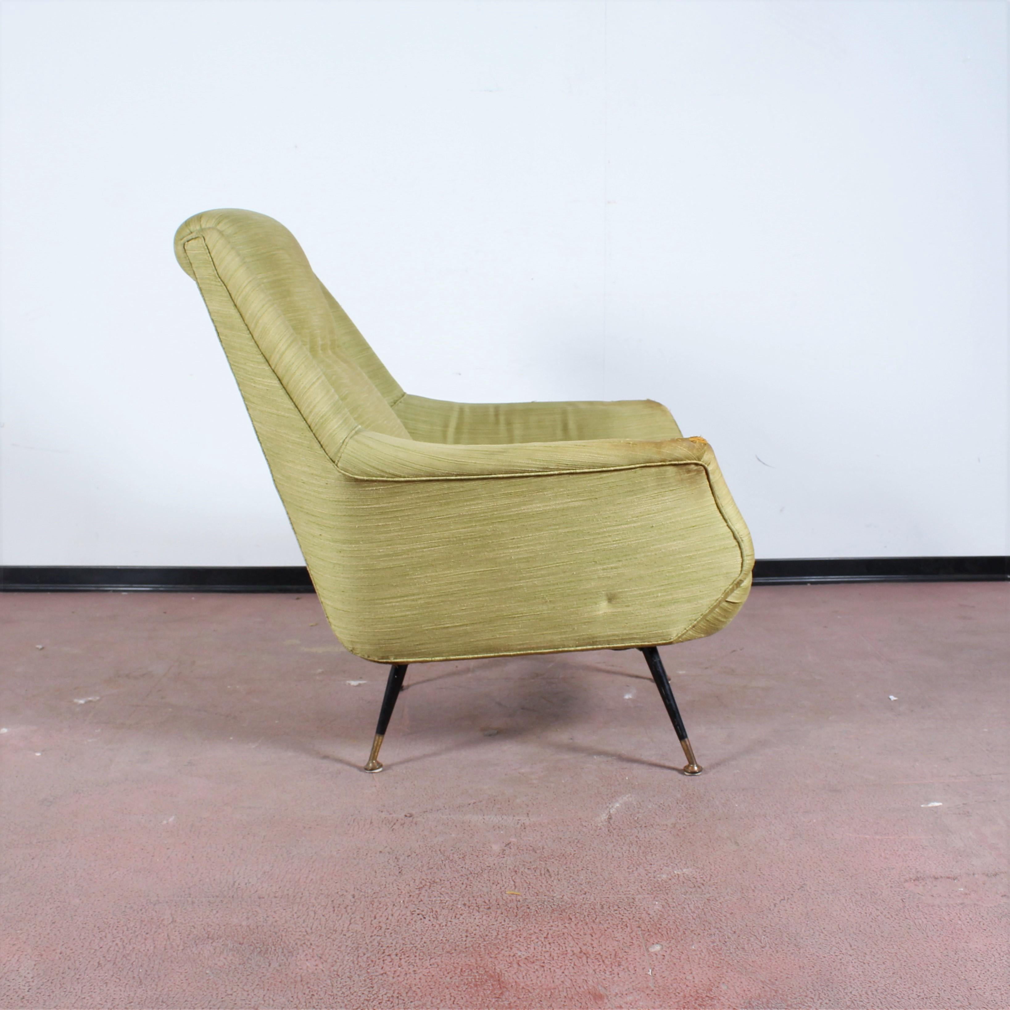 Midcentury Gigi Radice for Minotti Wood, Brass and Fabric Armchairs, Italy 1950s 2