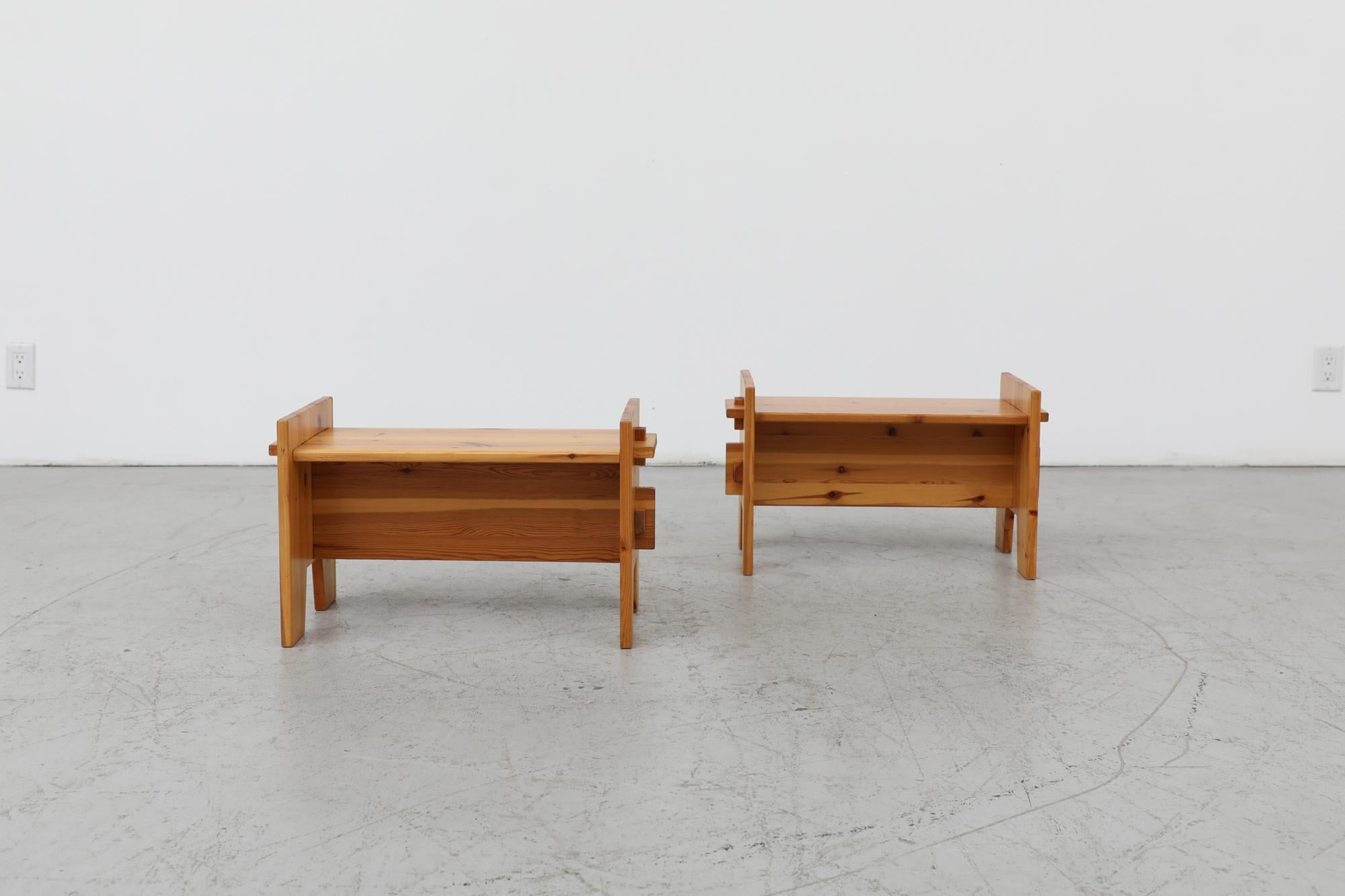 Two Mid-Century solid oak benches with trestle bases. Lightly refinished, in otherwise original condition with some visible wear consistent with their age and use.