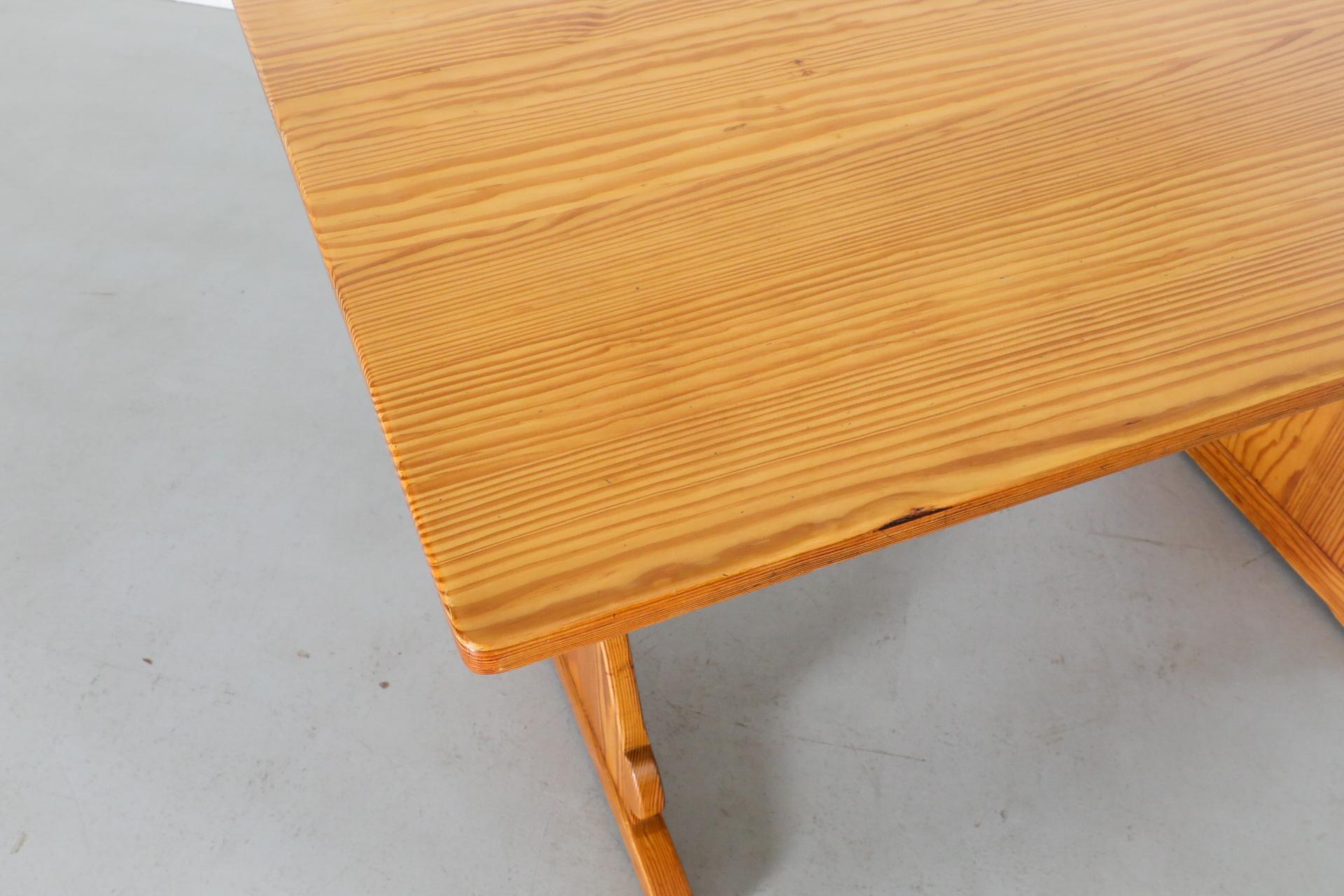 Mid-Century Gilbert Marklund Inspired Pine Table with Ornate Trestle Base For Sale 4