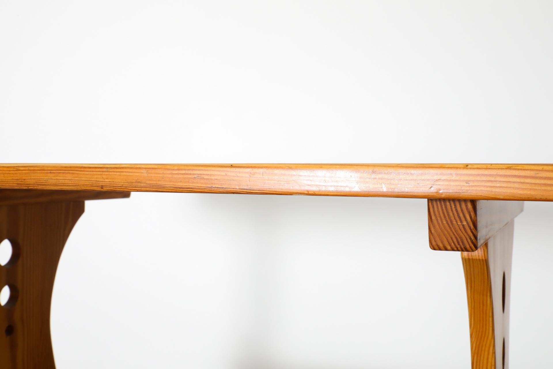 Mid-Century Gilbert Marklund Inspired Pine Table with Ornate Trestle Base For Sale 12