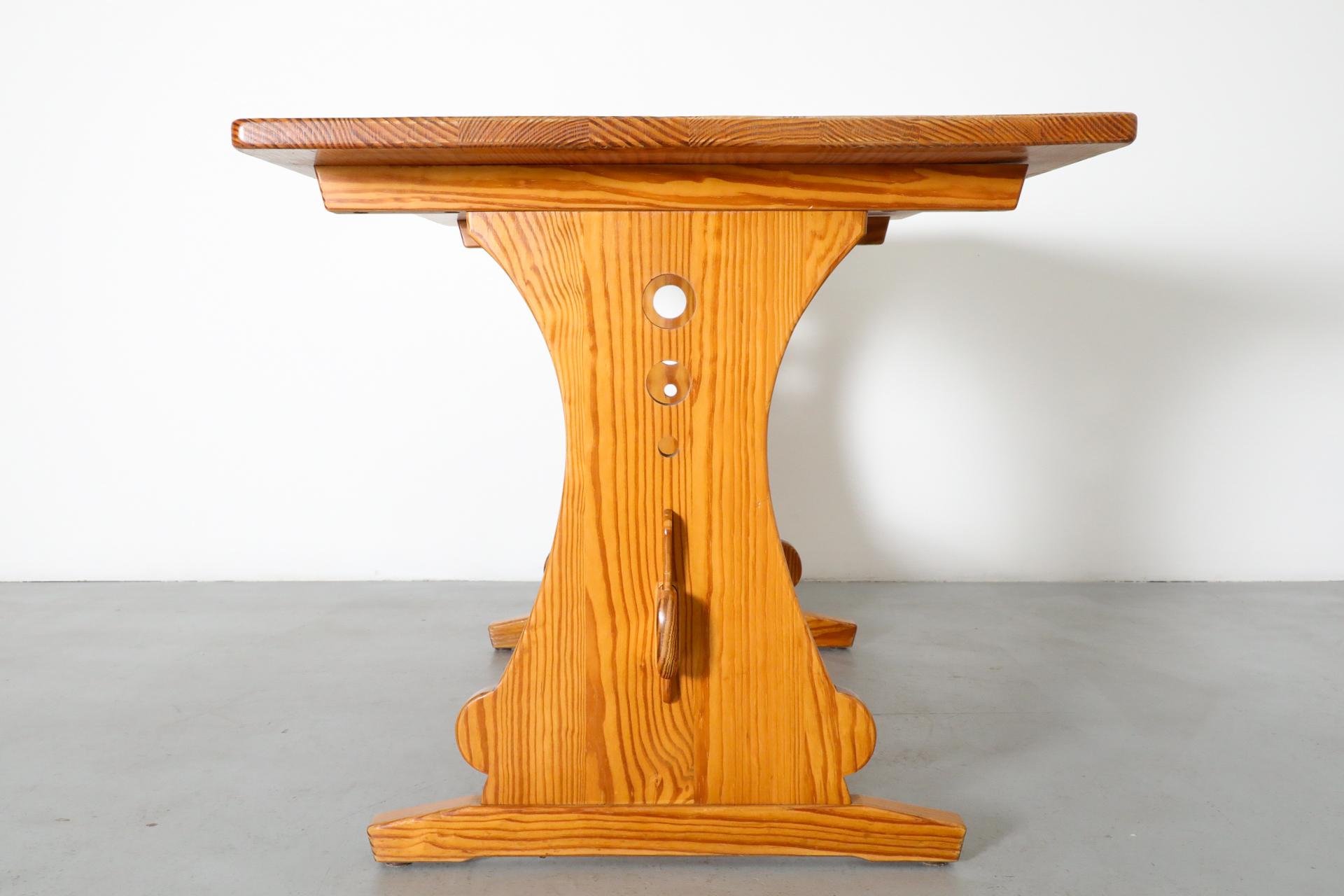 Mid-Century Gilbert Marklund Inspired Pine Table with Ornate Trestle Base For Sale 13
