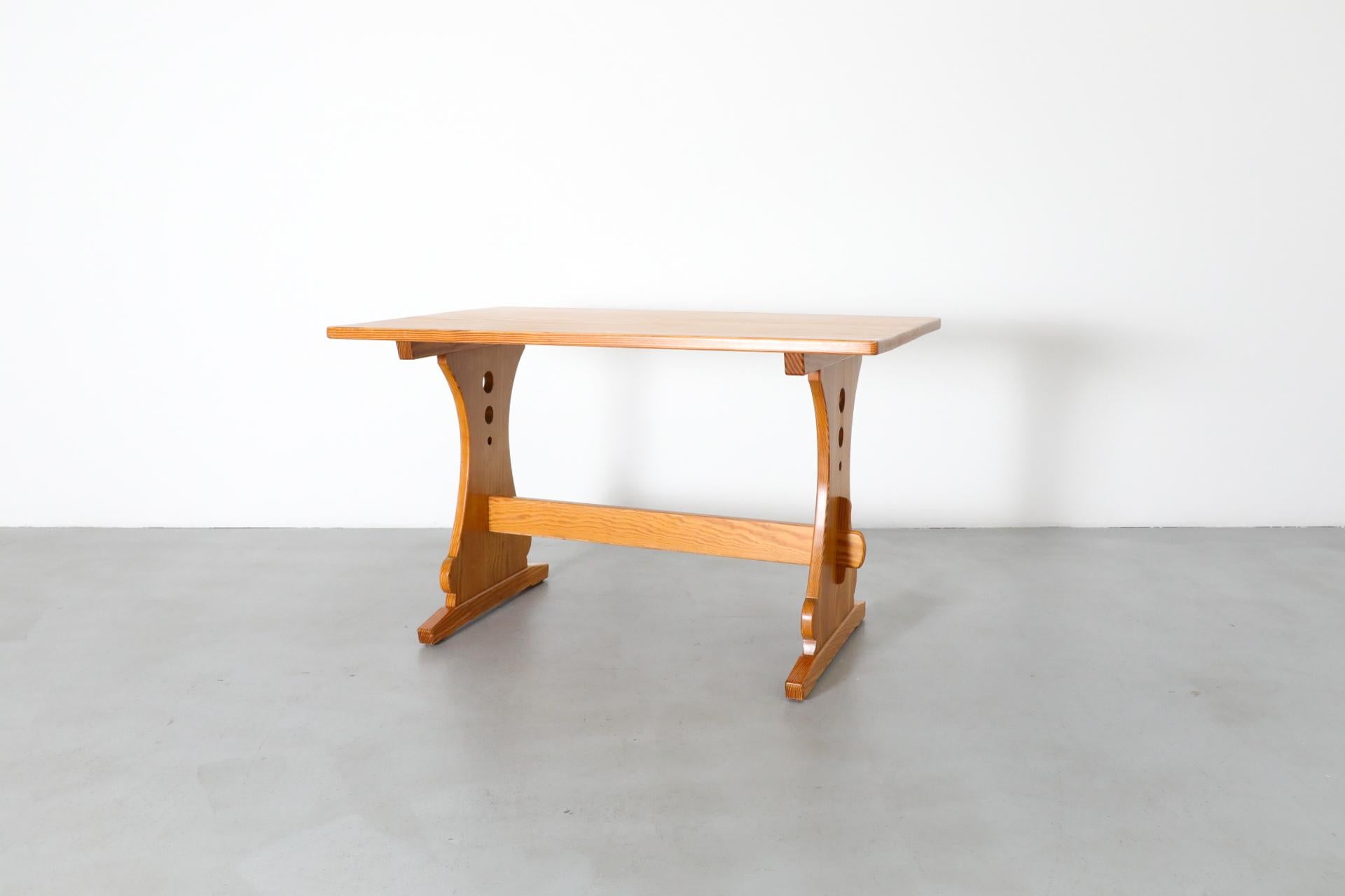 Mid-Century Modern Mid-Century Gilbert Marklund Inspired Pine Table with Ornate Trestle Base For Sale