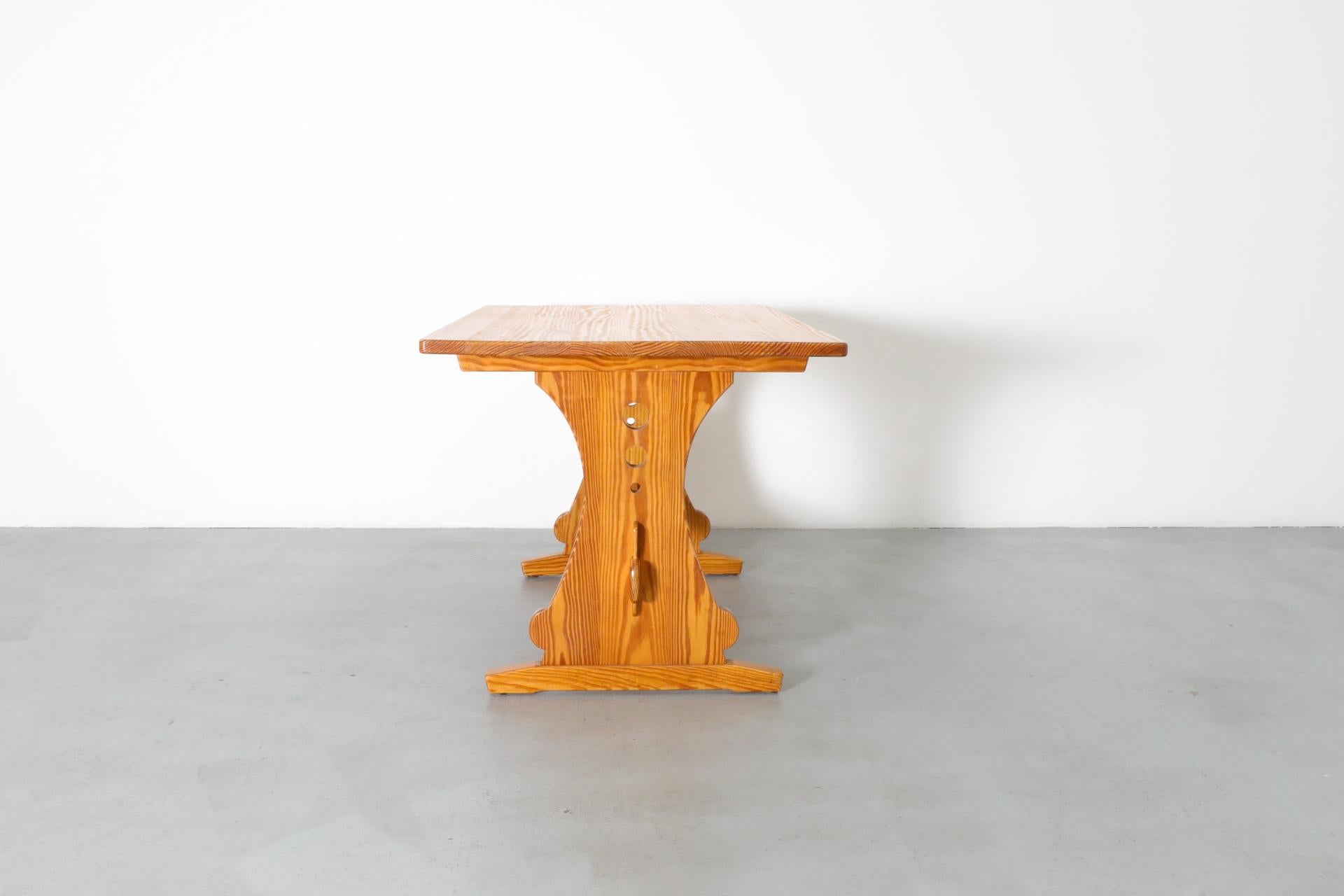Mid-Century Gilbert Marklund Inspired Pine Table with Ornate Trestle Base In Good Condition For Sale In Los Angeles, CA