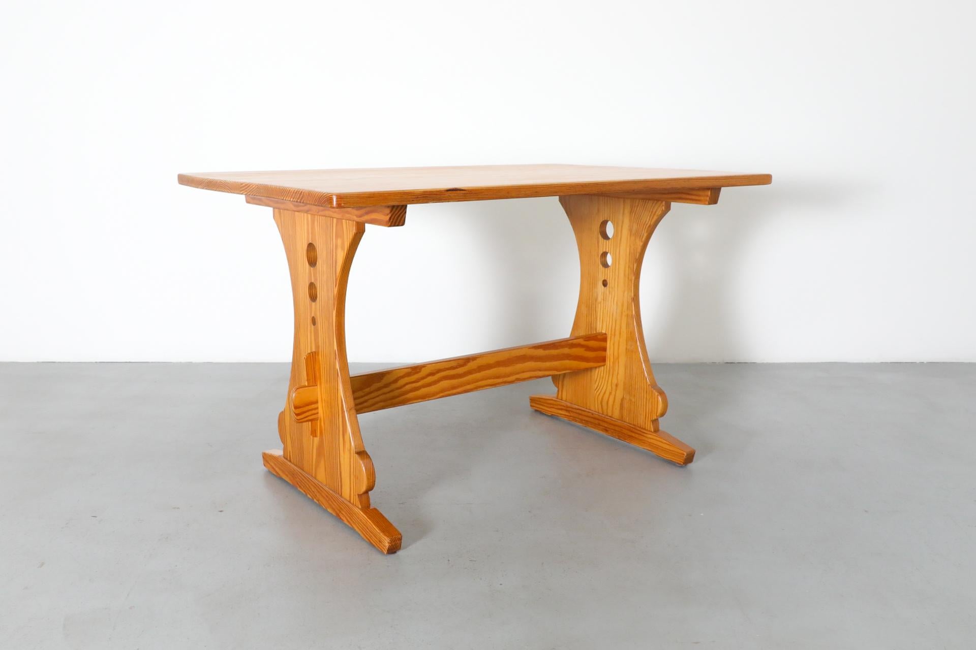 Mid-Century Gilbert Marklund Inspired Pine Table with Ornate Trestle Base For Sale 3