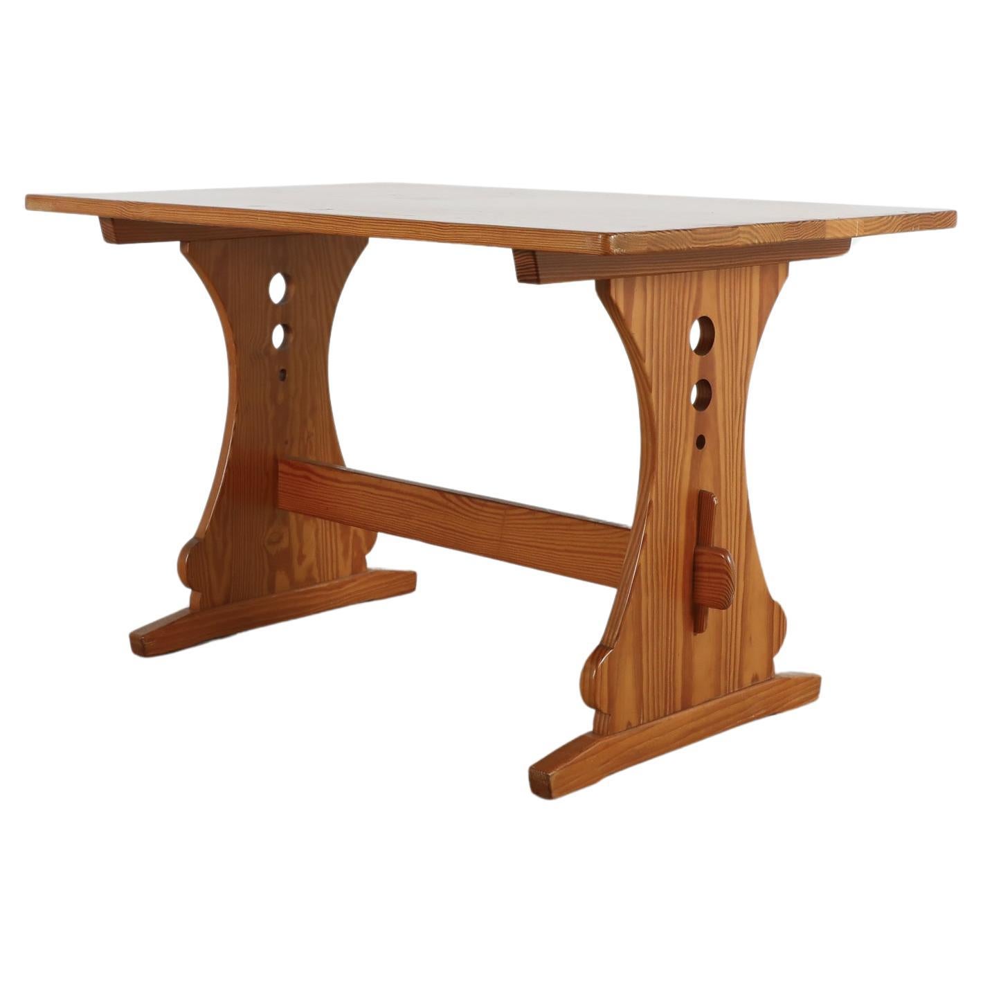 Mid-Century Gilbert Marklund Style Pine Trestle Table, Carved Panels For Sale