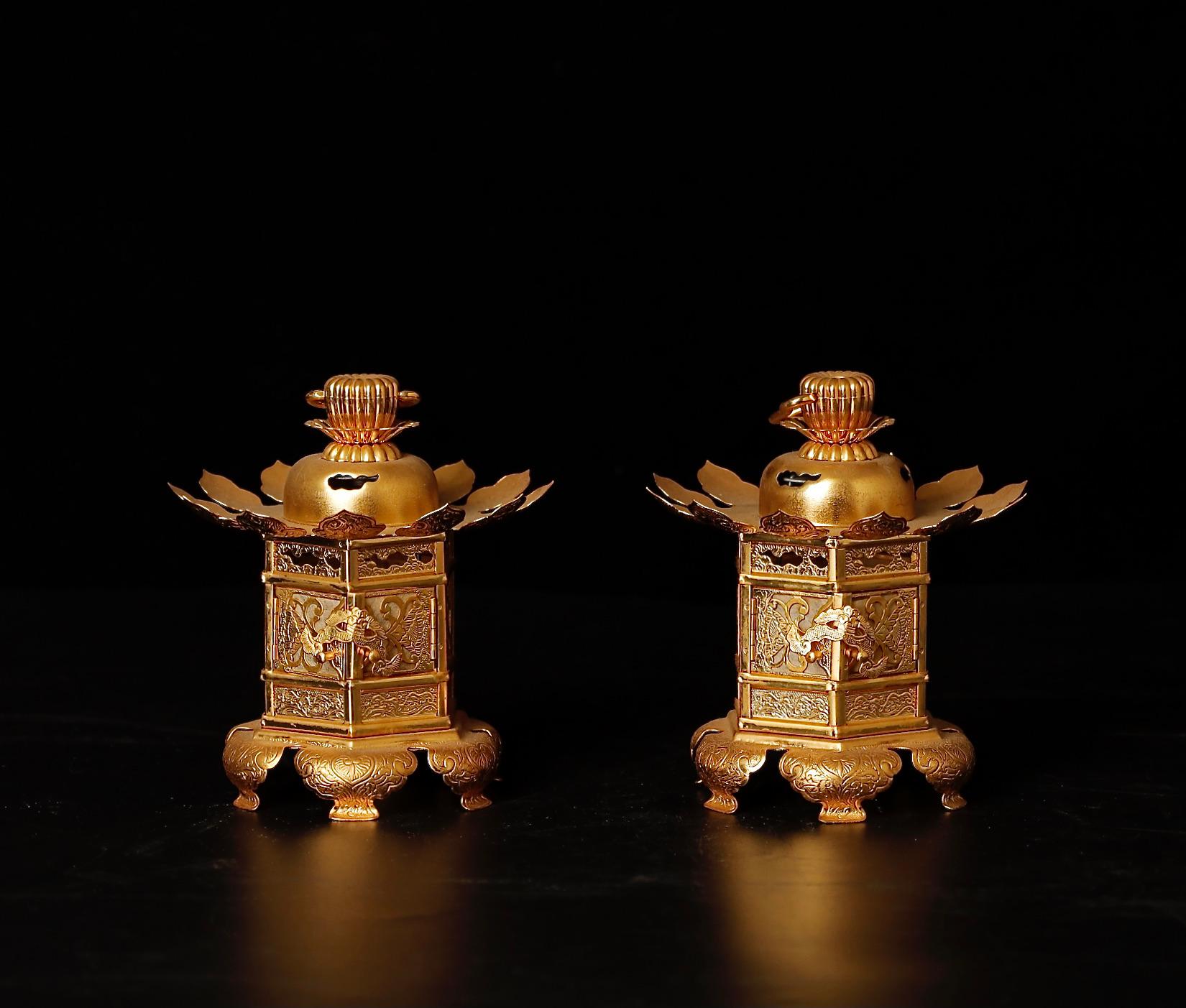 Showa Mid-Century Gilded Buddhist Altar Lanterns For Sale