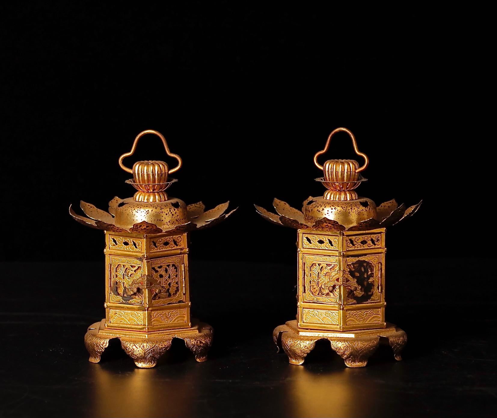 Showa Mid-Century Gilded Buddhist Altar Lanterns For Sale