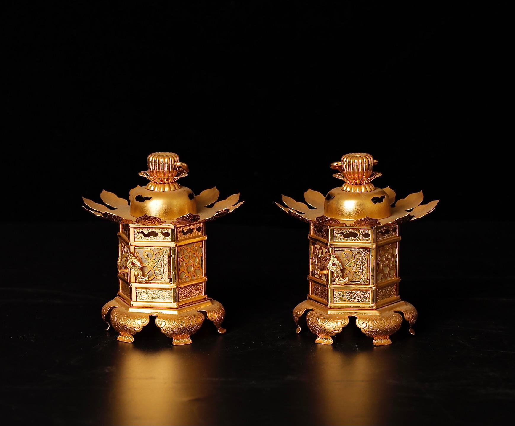 Japanese Mid-Century Gilded Buddhist Altar Lanterns For Sale