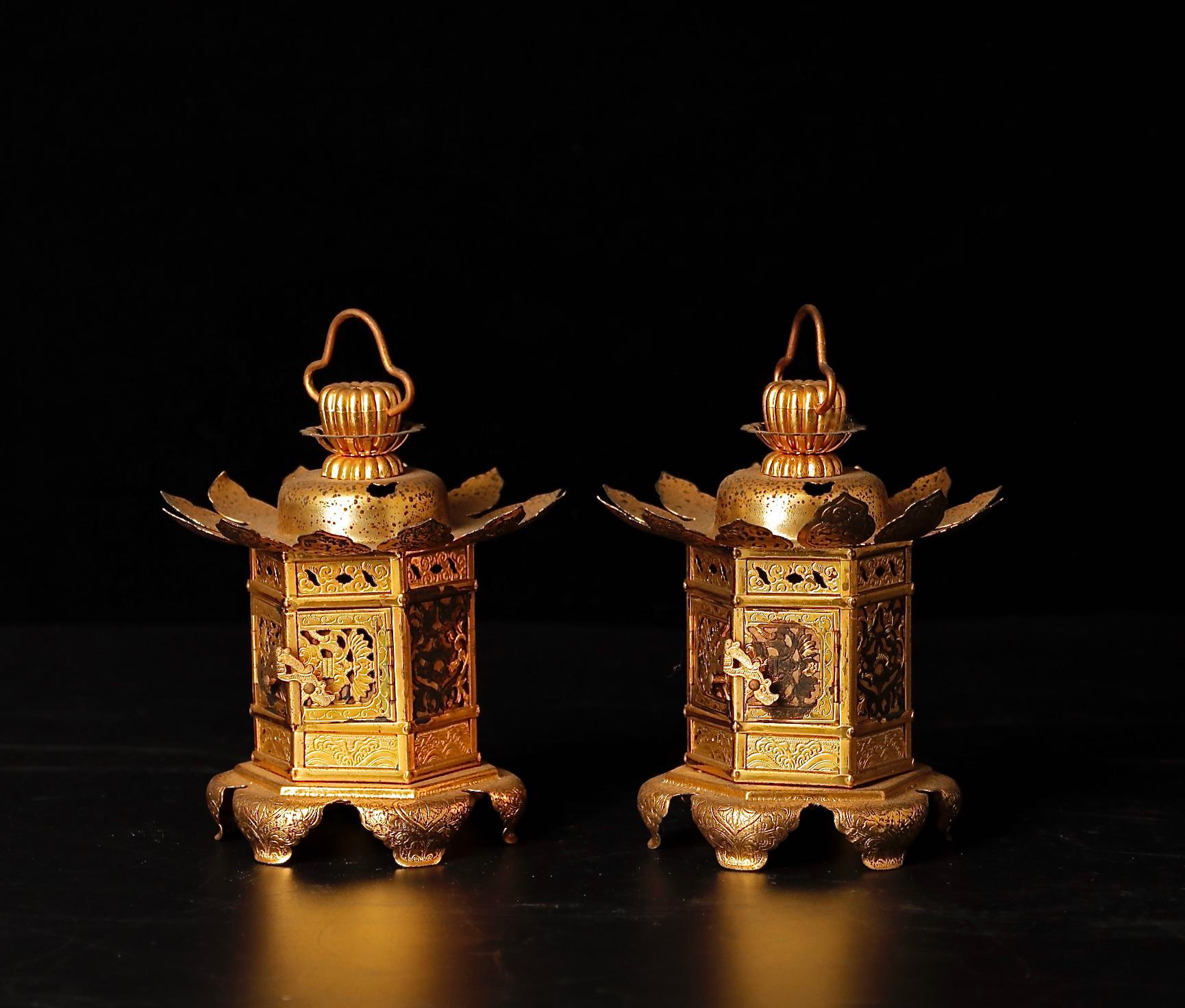 Japanese Mid-Century Gilded Buddhist Altar Lanterns For Sale