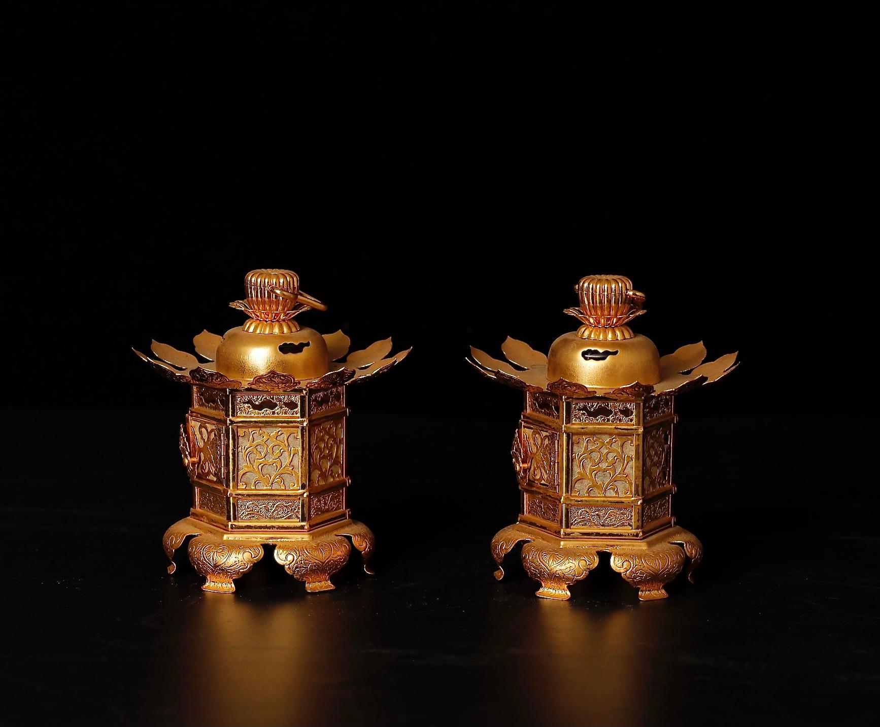 Gilt Mid-Century Gilded Buddhist Altar Lanterns For Sale