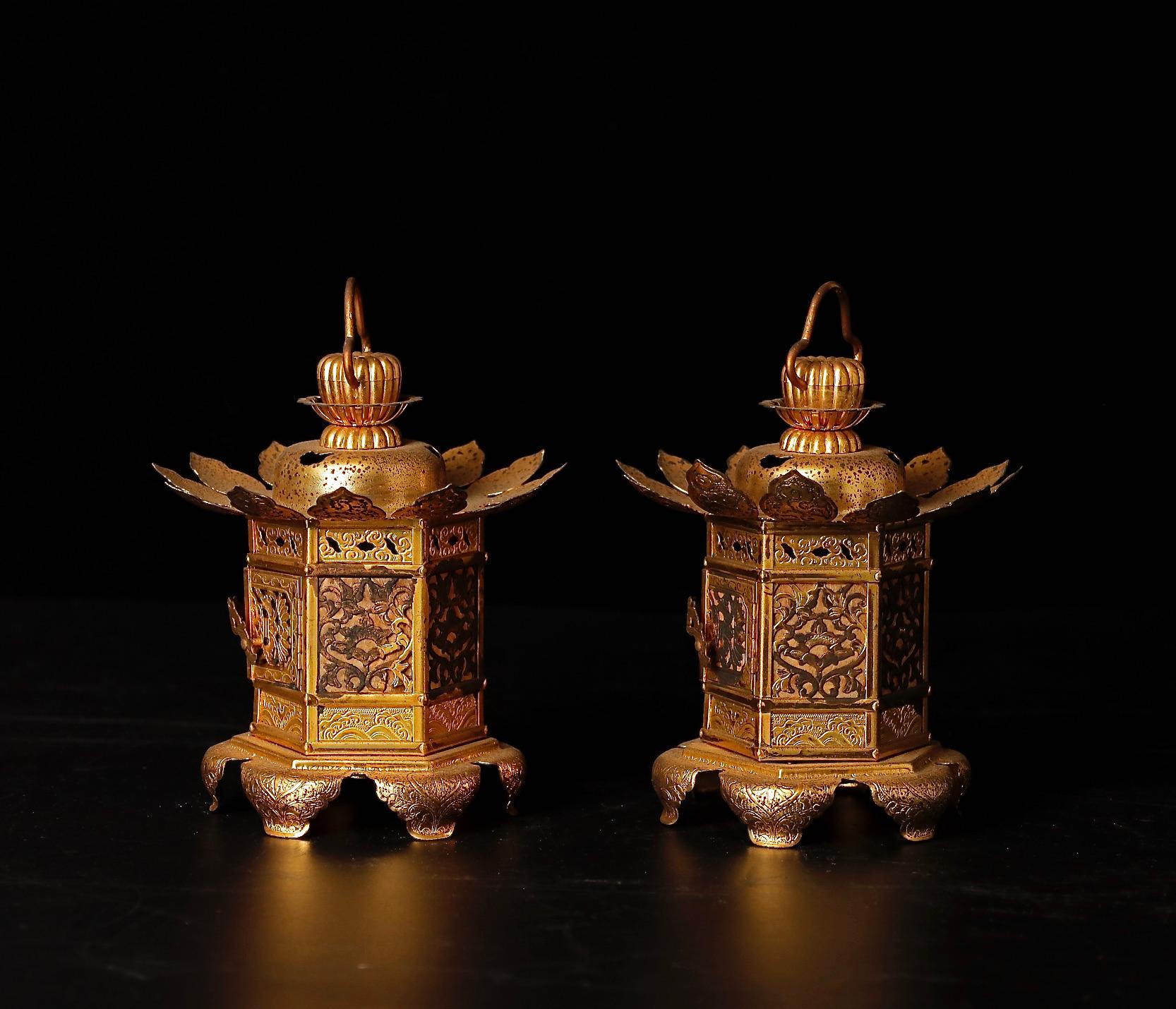Gilt Mid-Century Gilded Buddhist Altar Lanterns For Sale