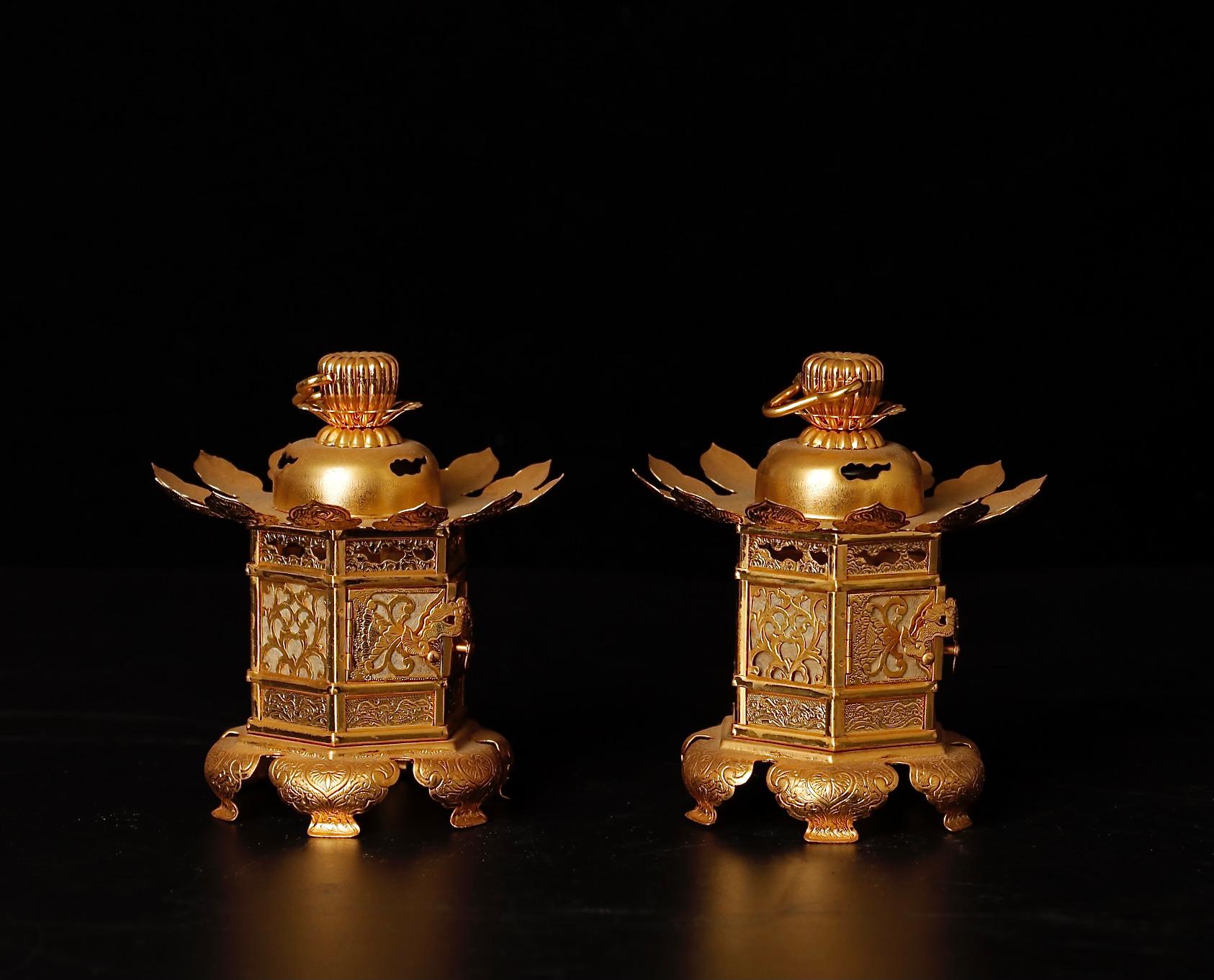 Metal Mid-Century Gilded Buddhist Altar Lanterns For Sale