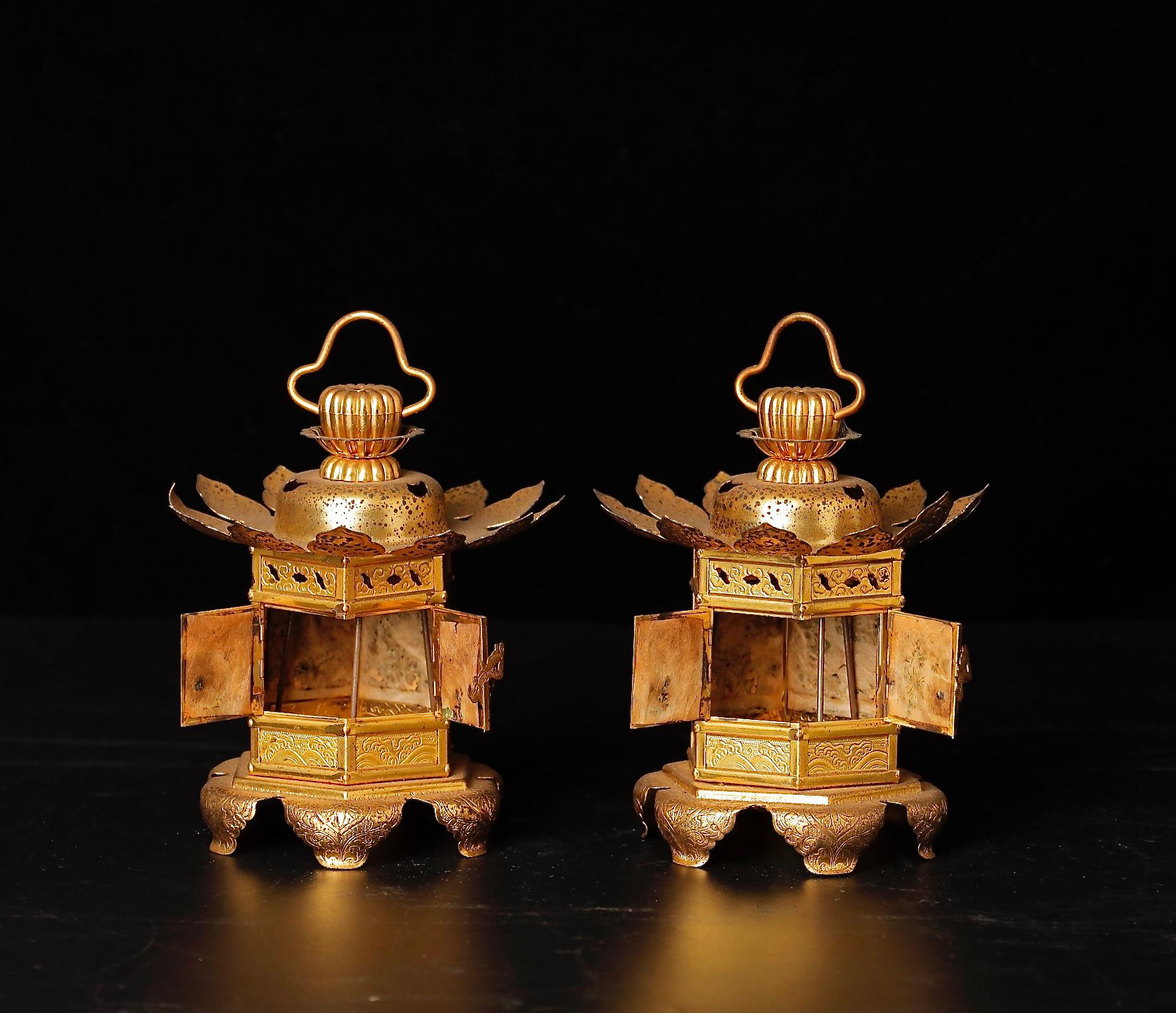 Metal Mid-Century Gilded Buddhist Altar Lanterns For Sale