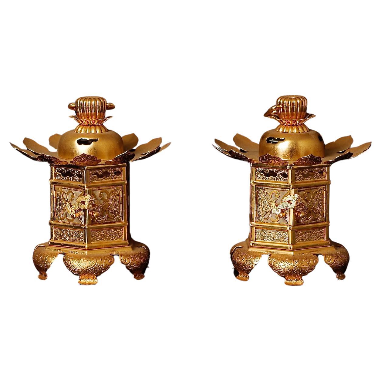 Mid-Century Gilded Buddhist Altar Lanterns For Sale