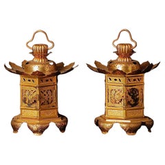 Retro Mid-Century Gilded Buddhist Altar Lanterns