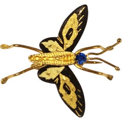 Mid-Century Gilded Butterfly Brooch with Blue Rhinestone and Enamel Wings