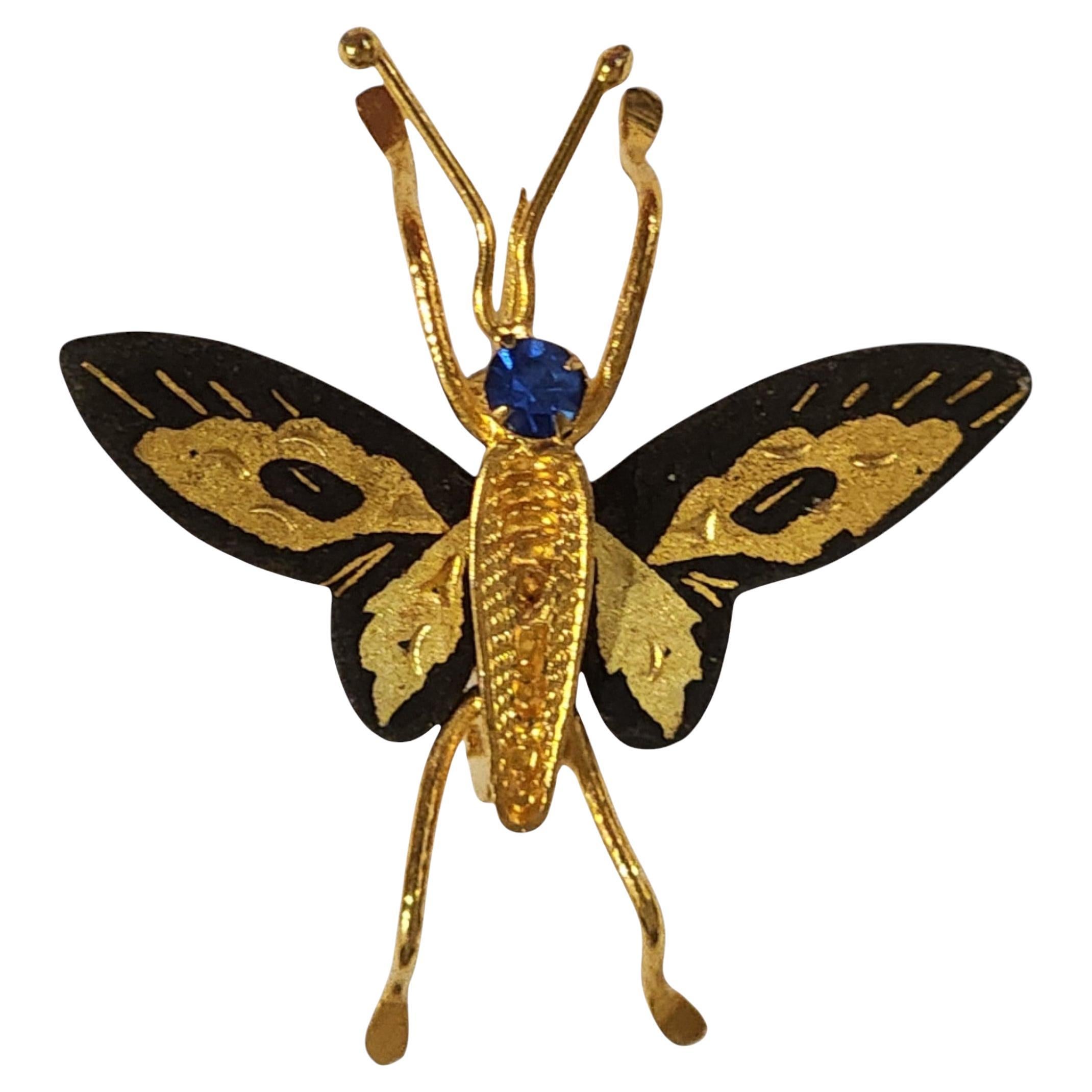 Mid-Century Gilded Butterfly Brooch with Blue Rhinestone and Enamel Wings