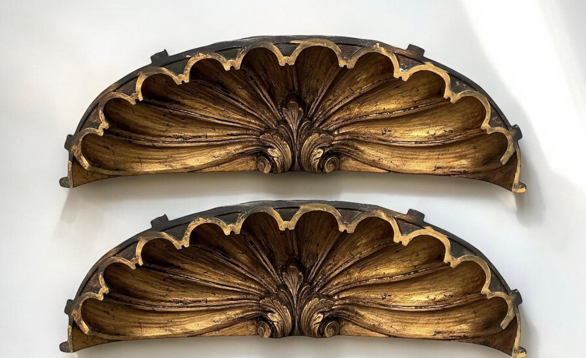 Composition Mid-Century Gilded Shell Form Architectural Fragments - Pair For Sale