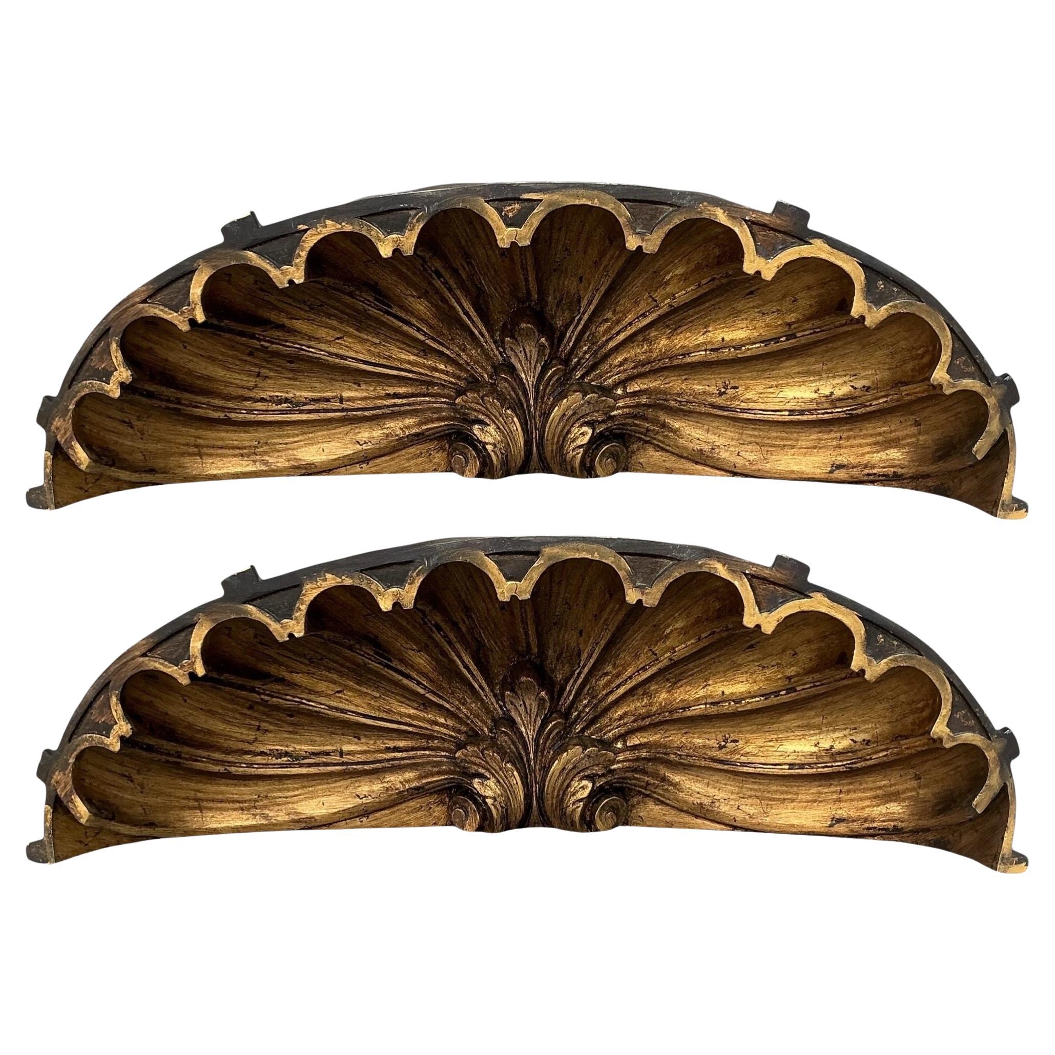 Mid-Century Gilded Shell Form Architectural Fragments - Pair