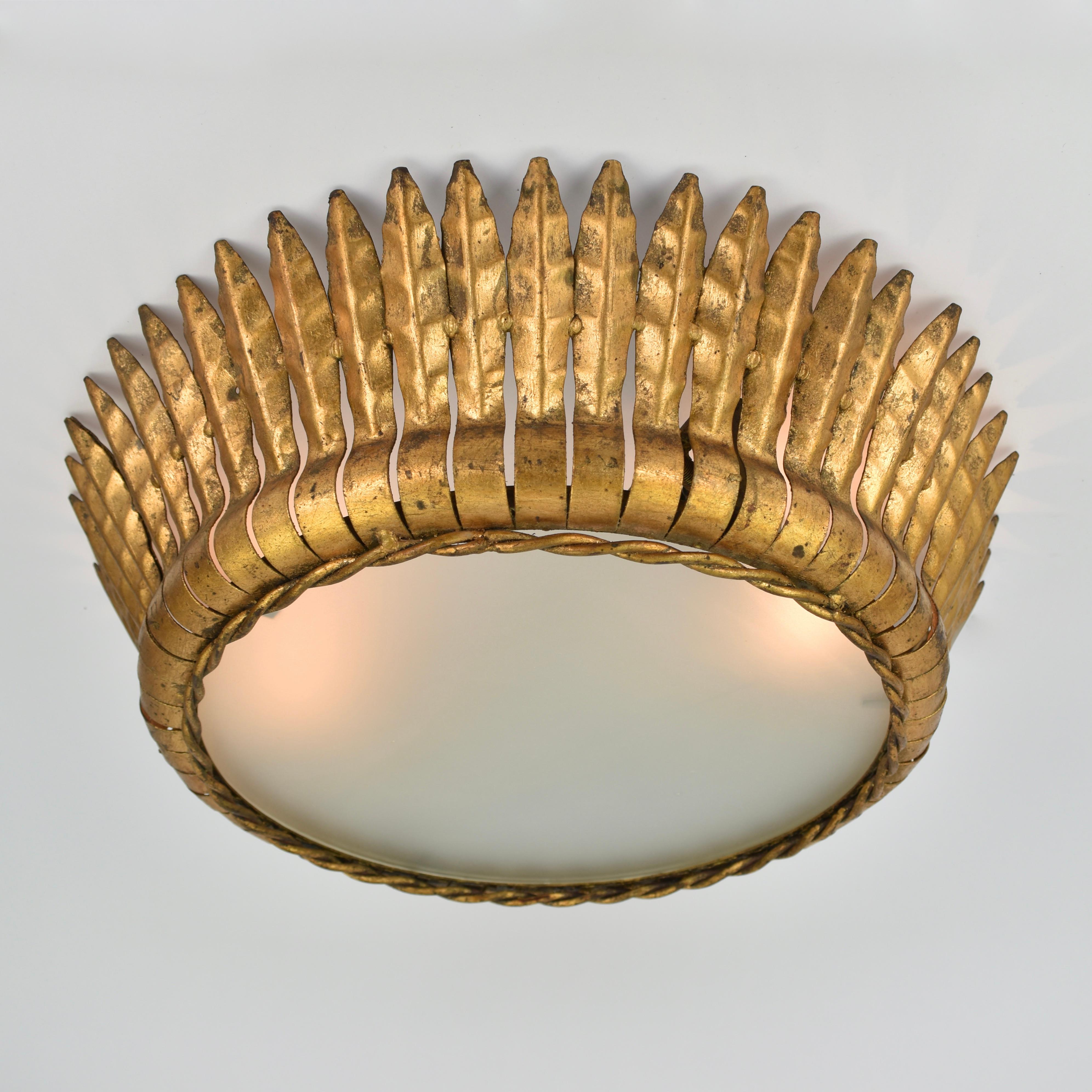 Mid Century Gilded Spanish Iron Flush Mount For Sale 4
