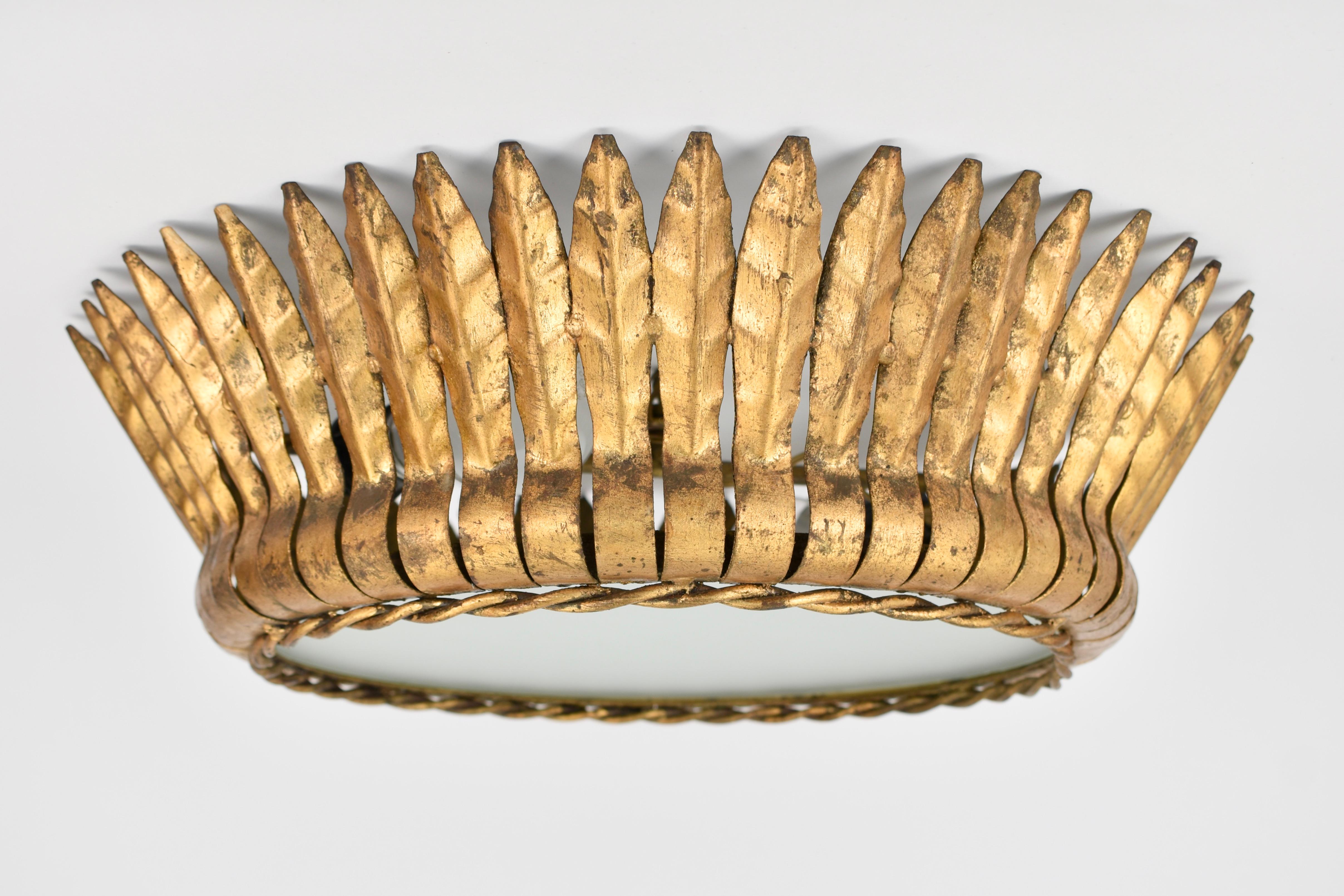 Mid-Century Modern Mid Century Gilded Spanish Iron Flush Mount For Sale