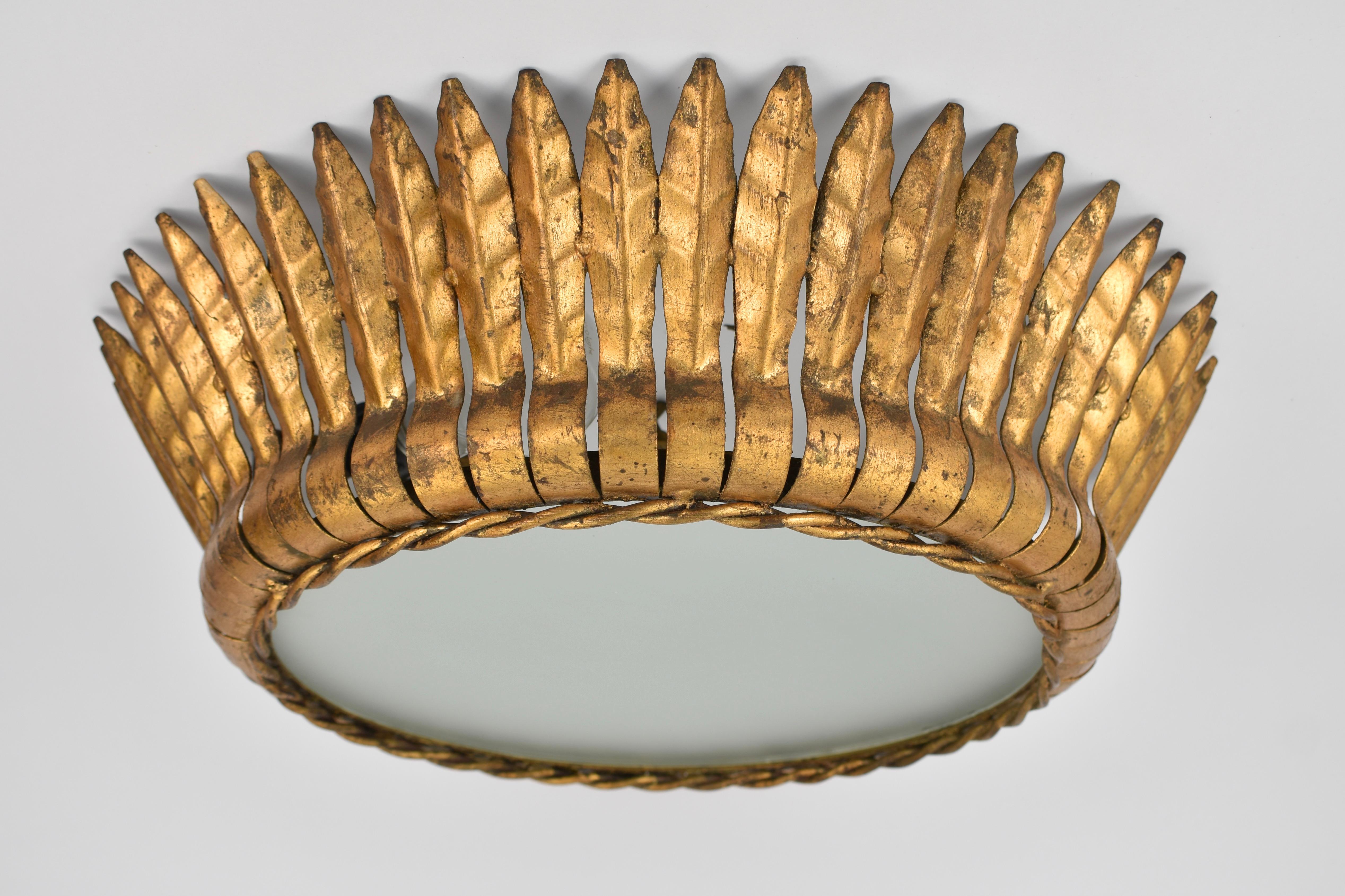 Mid Century Gilded Spanish Iron Flush Mount In Good Condition For Sale In AMSTERDAM, NL