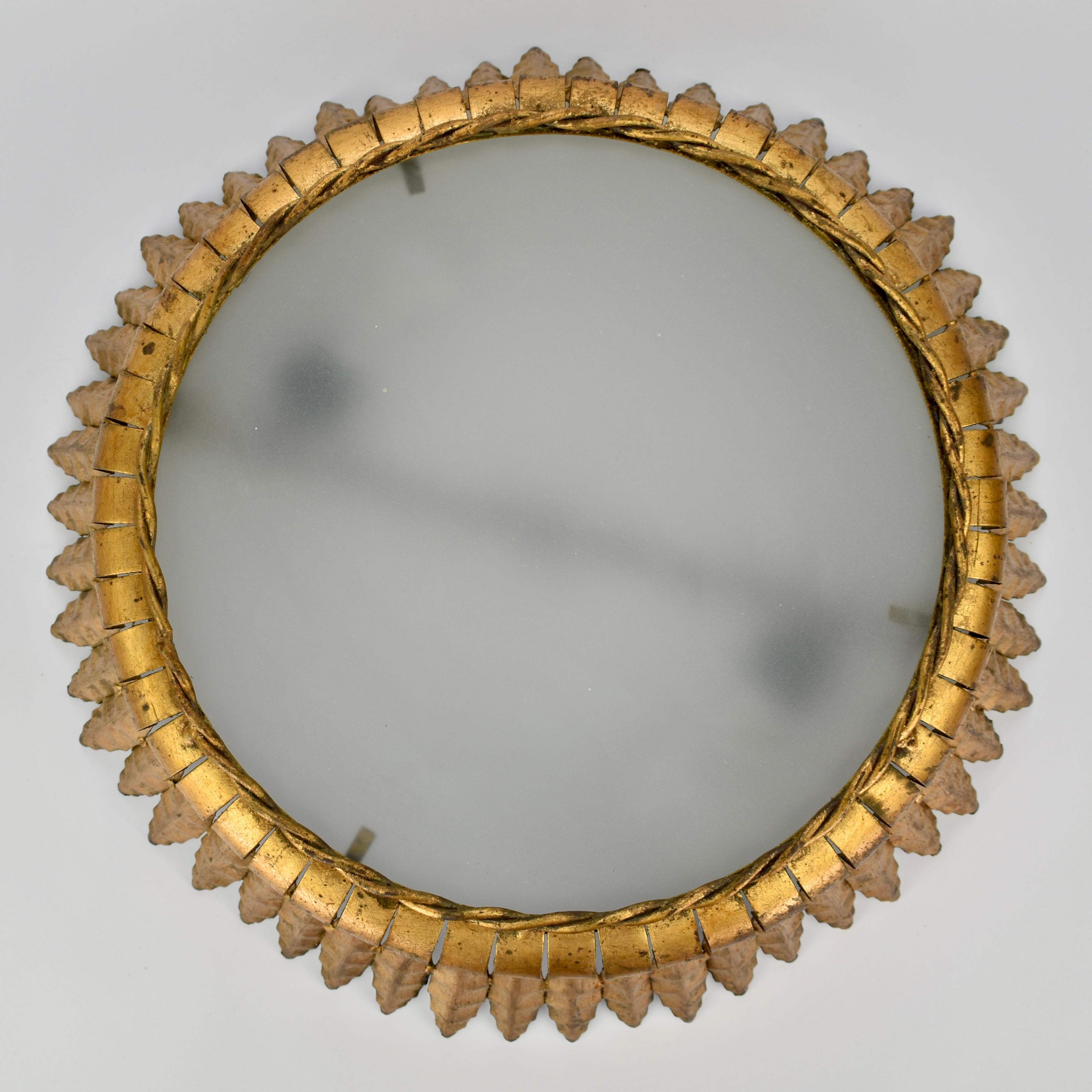 Glass Mid Century Gilded Spanish Iron Flush Mount For Sale