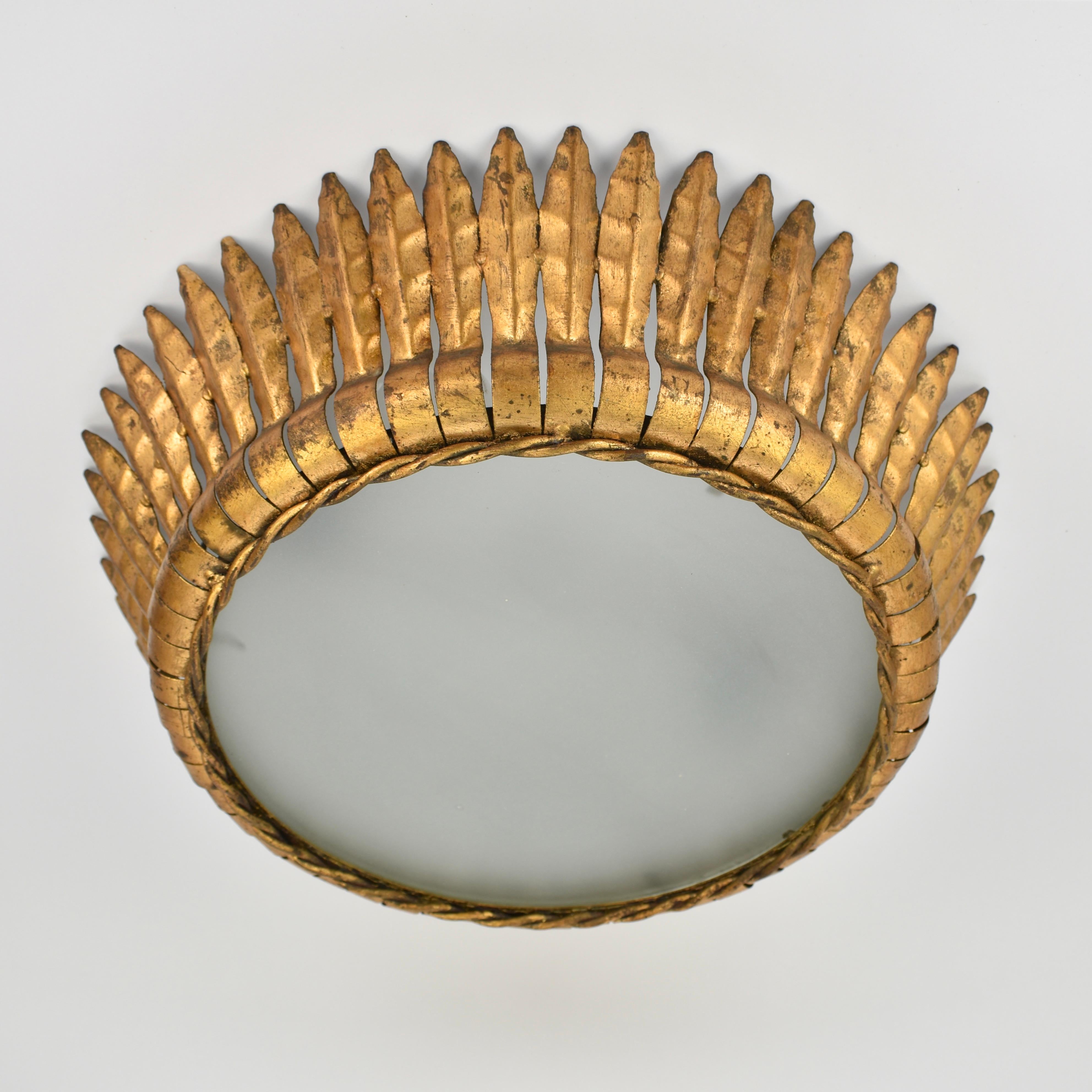 Mid Century Gilded Spanish Iron Flush Mount For Sale 1