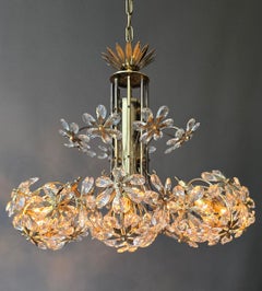Mid-Century Gilt Brass Floral Crystal Chandelier, Attributed to Palwa, Germany