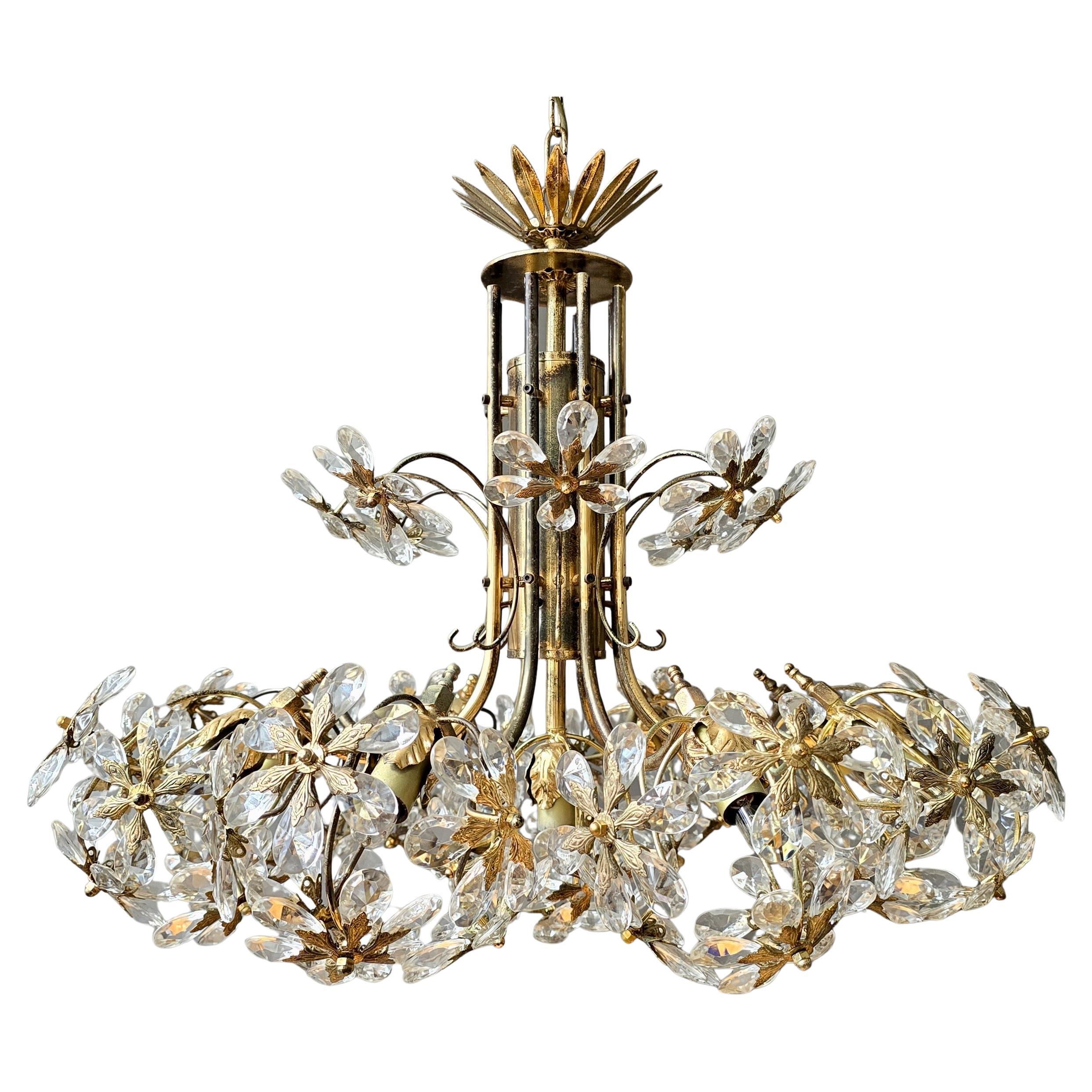 Mid-Century Gilt Brass Floral Crystal Chandelier, Attributed to Palwa, Germany