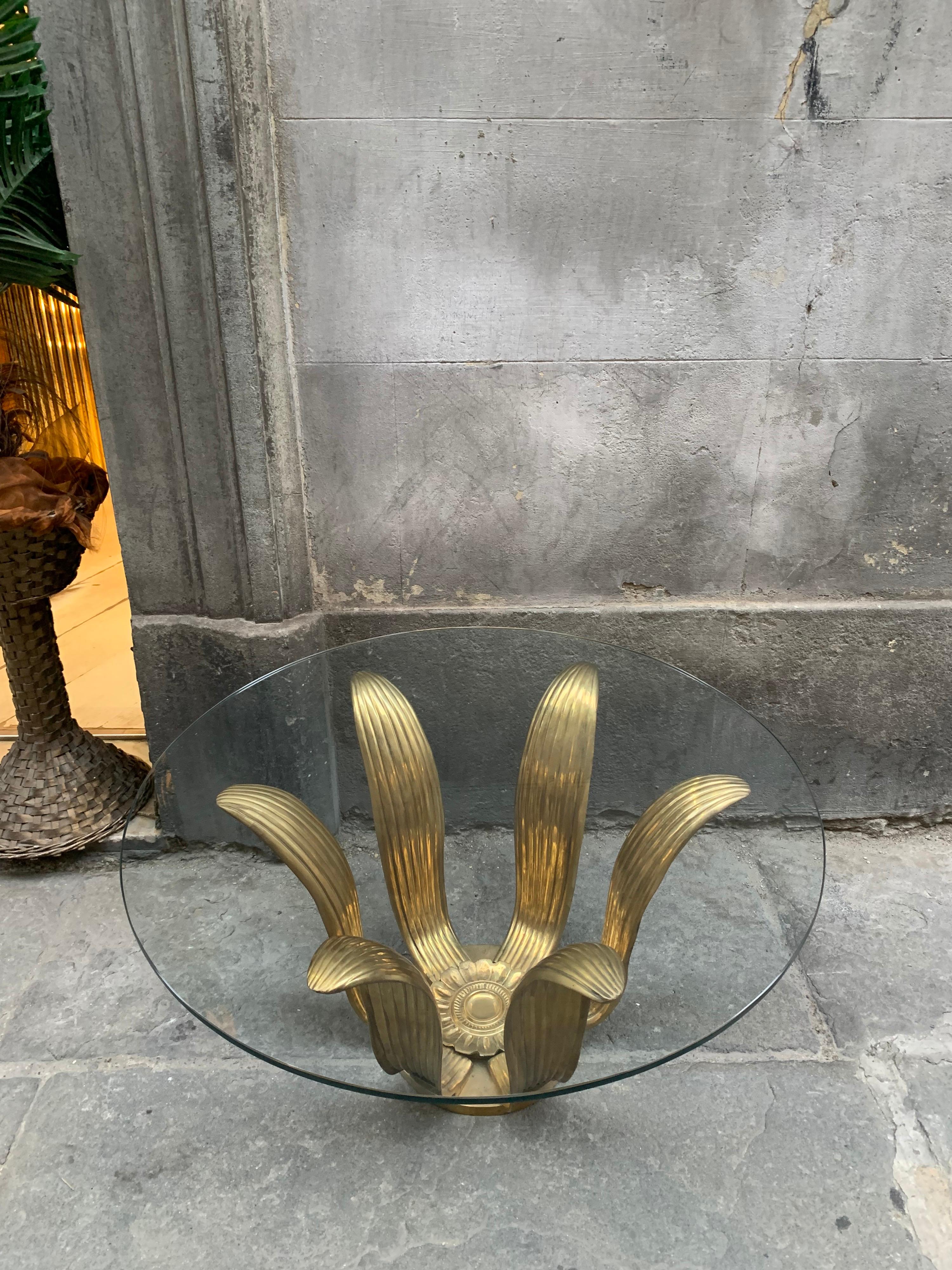 Mid-Century Gilt Bronze Flower Coffee Table with Round Glass Top 5