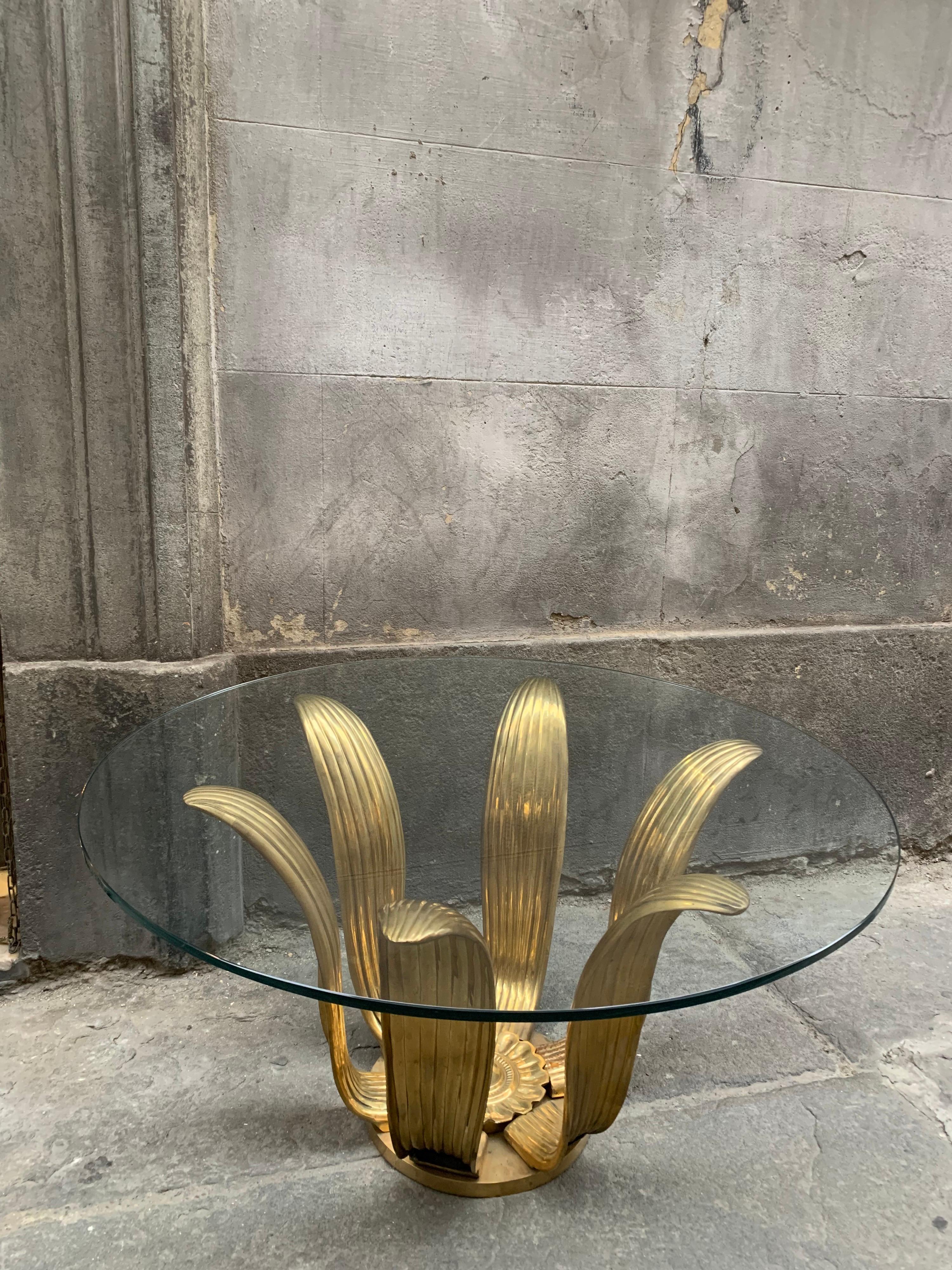 Mid-Century Gilt Bronze Flower Coffee Table with Round Glass Top 6