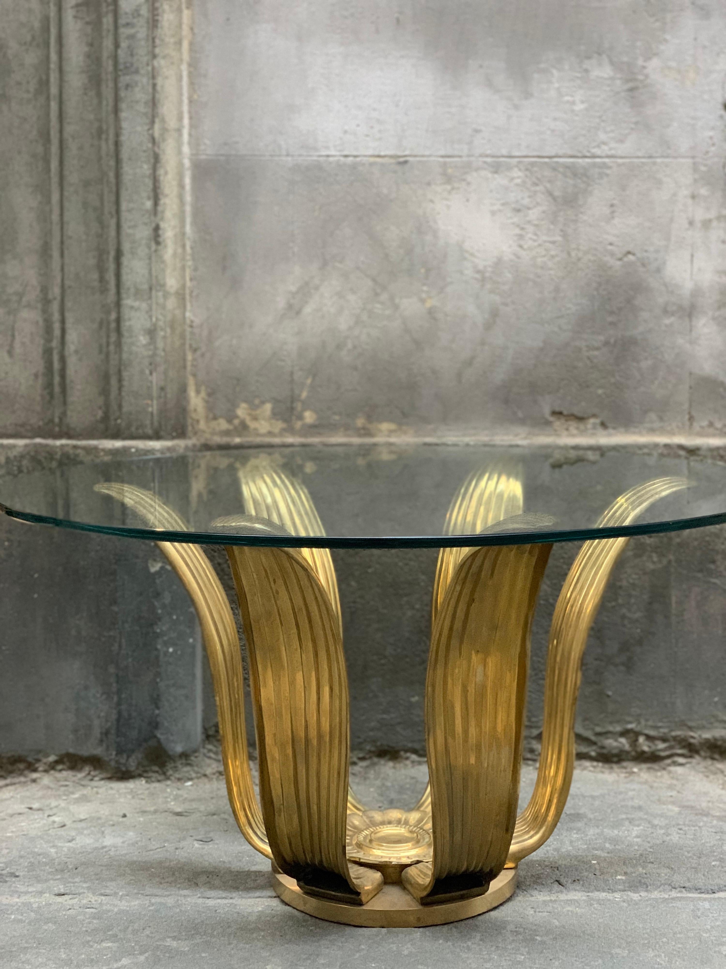 Mid-Century Gilt Bronze Flower Coffee Table with Round Glass Top 7