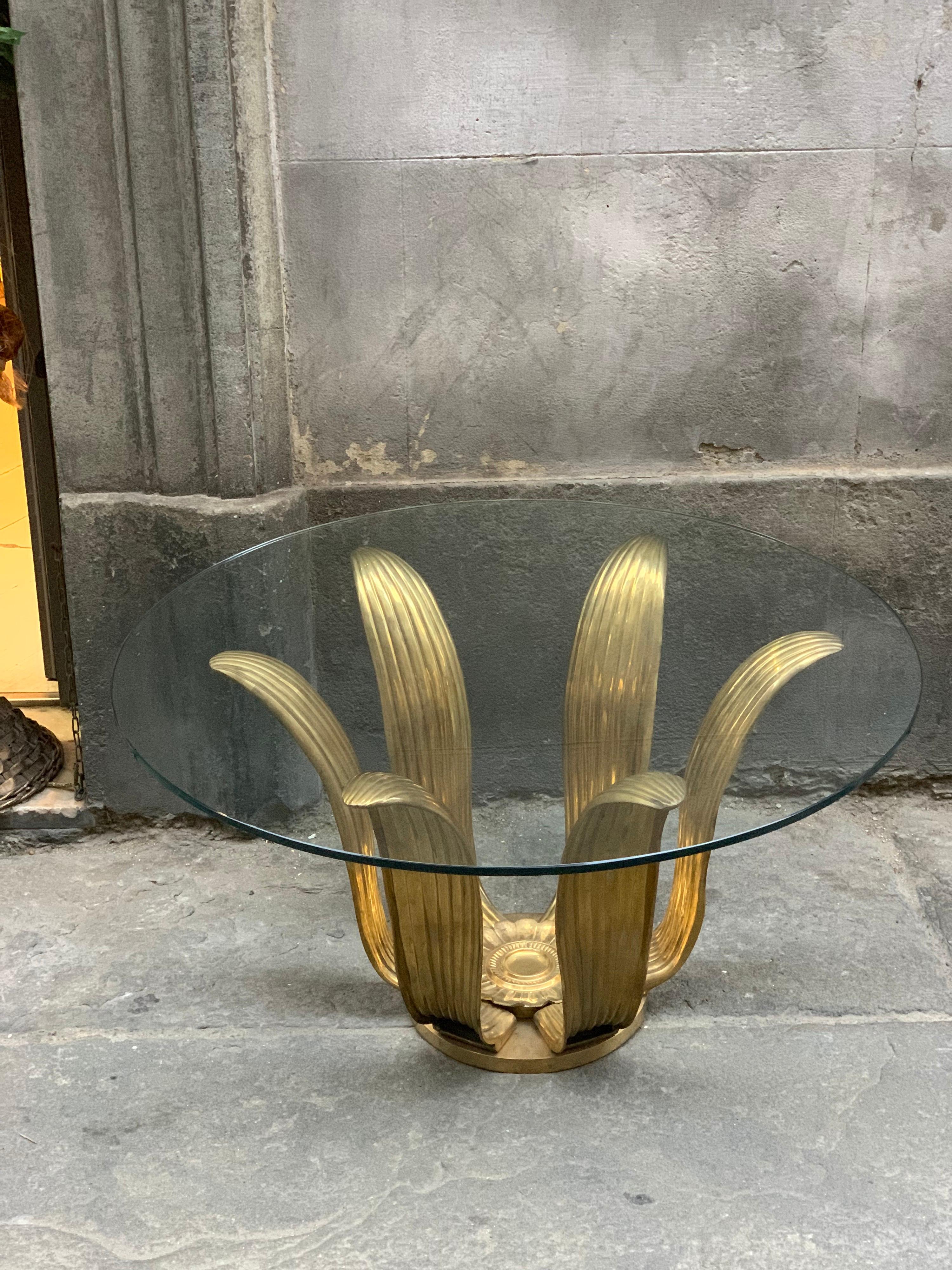 Mid-Century Gilt Bronze Flower Coffee Table with Round Glass Top 9